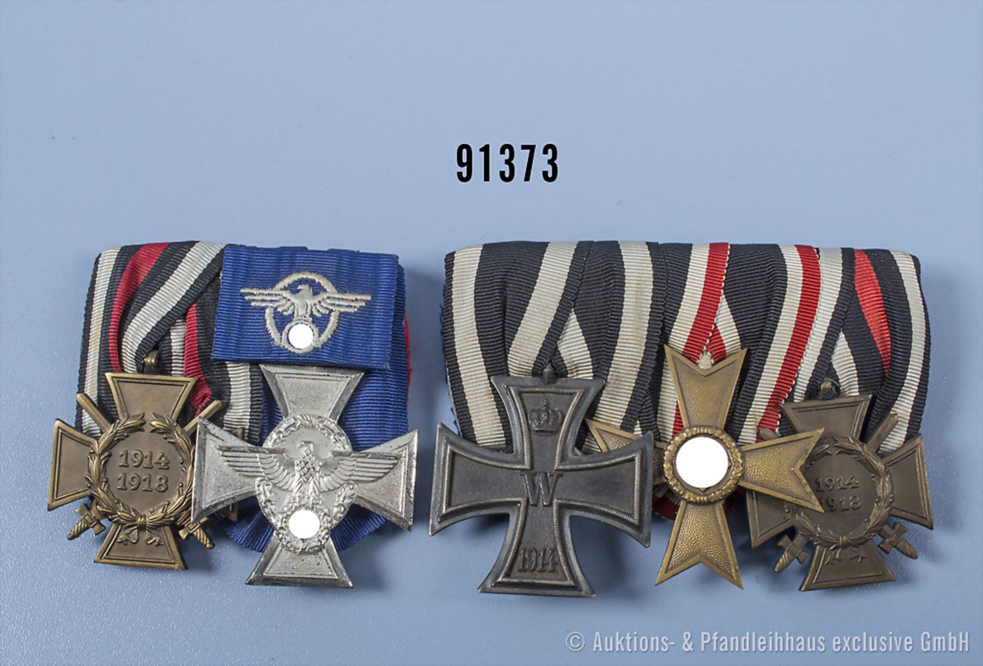 Konv. 3er Ordenspange EK 2 1914, KVK 2. Klasse mit Schwertern und EKF sowie 2er ...