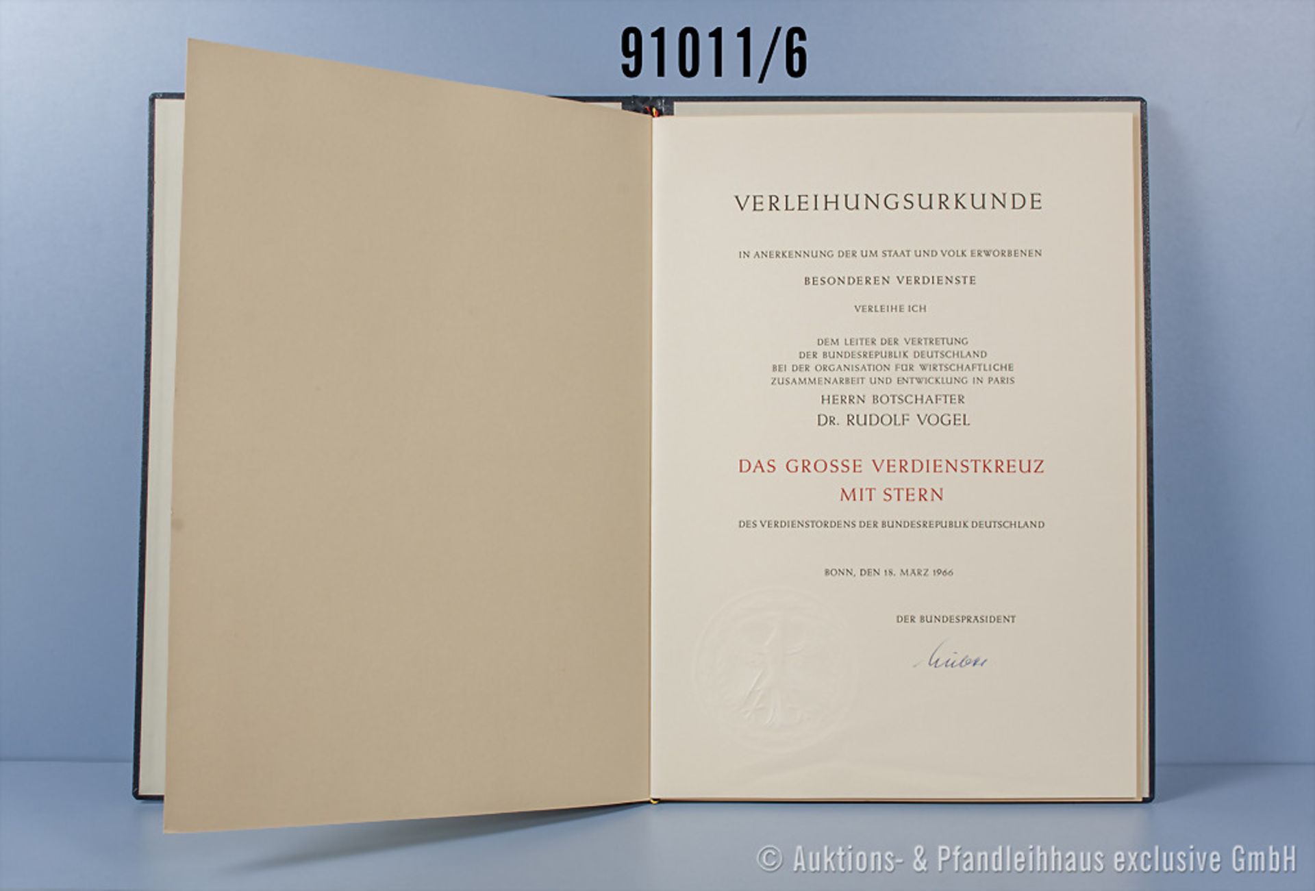 aus dem Nachlass des CDU-Politikers Dr. Rudolf Vogel, MdB (1906-1991) Verleihungsurkunde ... - Bild 6 aus 6