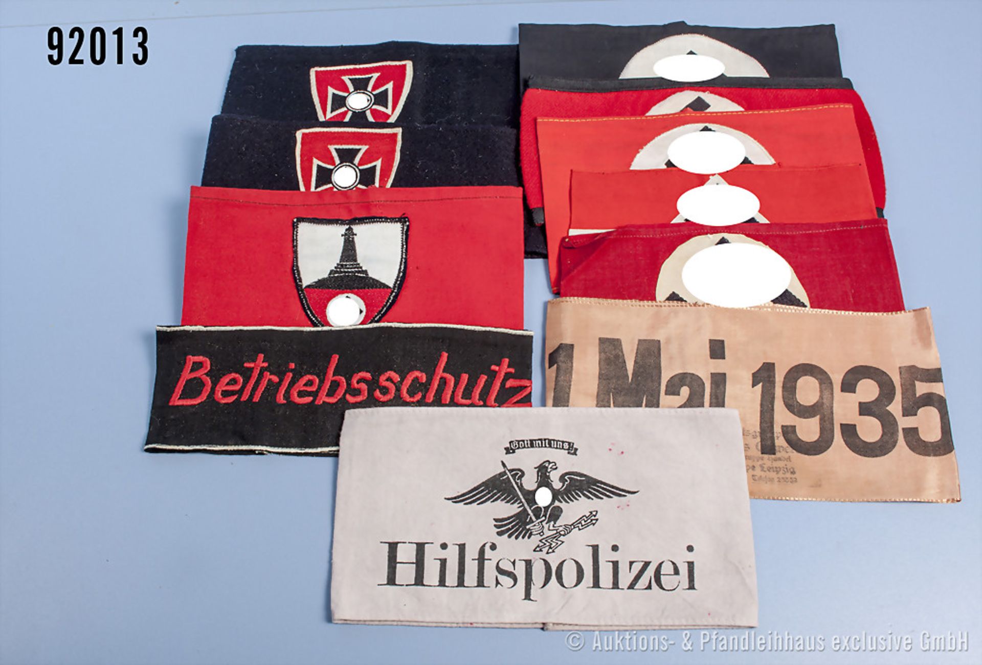 Konvolut 11 Armbinden 3. Reich, u.a. SA, SS, HJ, Hilfspolizei, Reichskriegerbund etc., ...