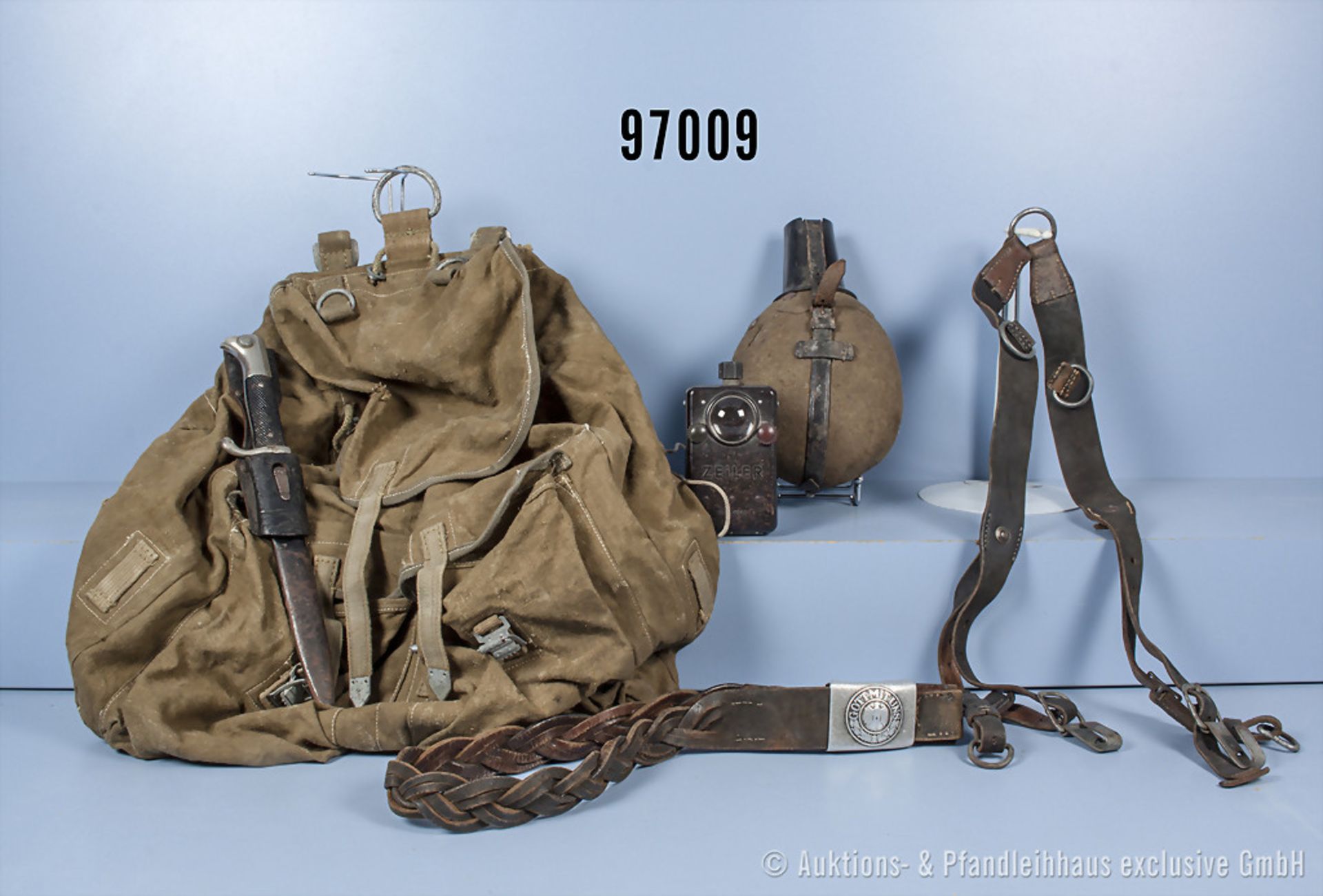 Konv. Wehrmacht Heer, Feldflasche, Taschenlampe, Hersteller "Zeiler", Y-Riemen ohne ...