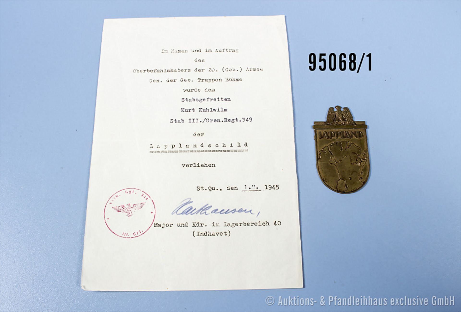Konv. Urkunde für das Lapplandschild vom 01.08.1945 mit dazugehörigem Schild, vermutlich ...