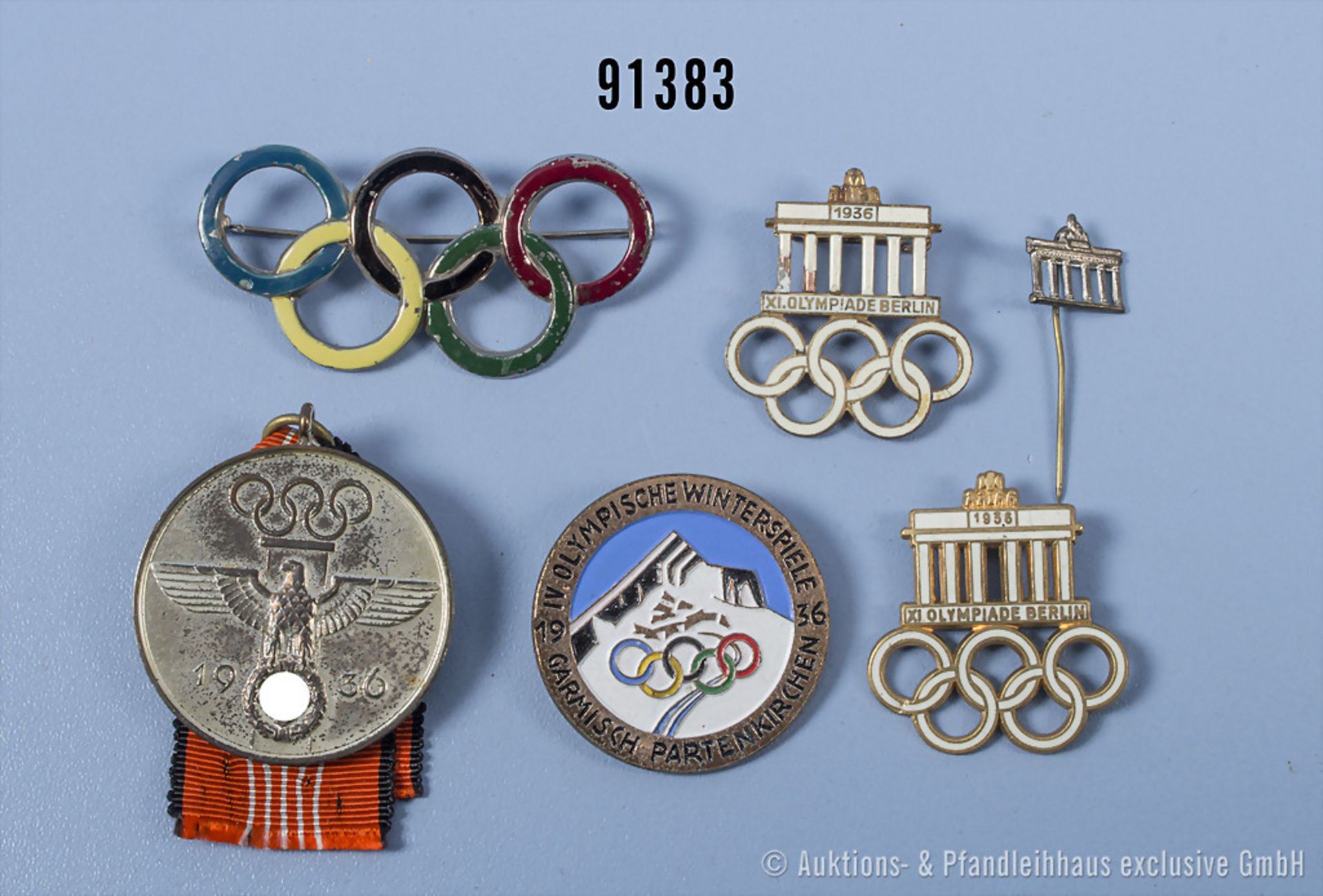 Konv. Olympia Erinnerungsmedaille 1936 sowie 5 Olympia Abzeichen, Originalität aller ...