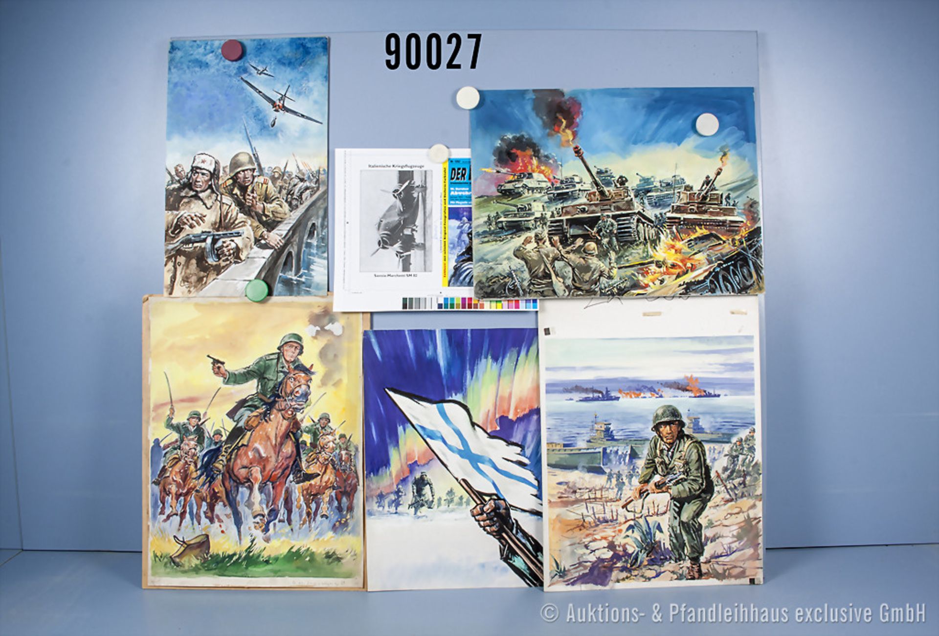 Konv. 9 originale gemalte farbige Titelbilder von Landser-Kleinbänden, auf Karton, die ...