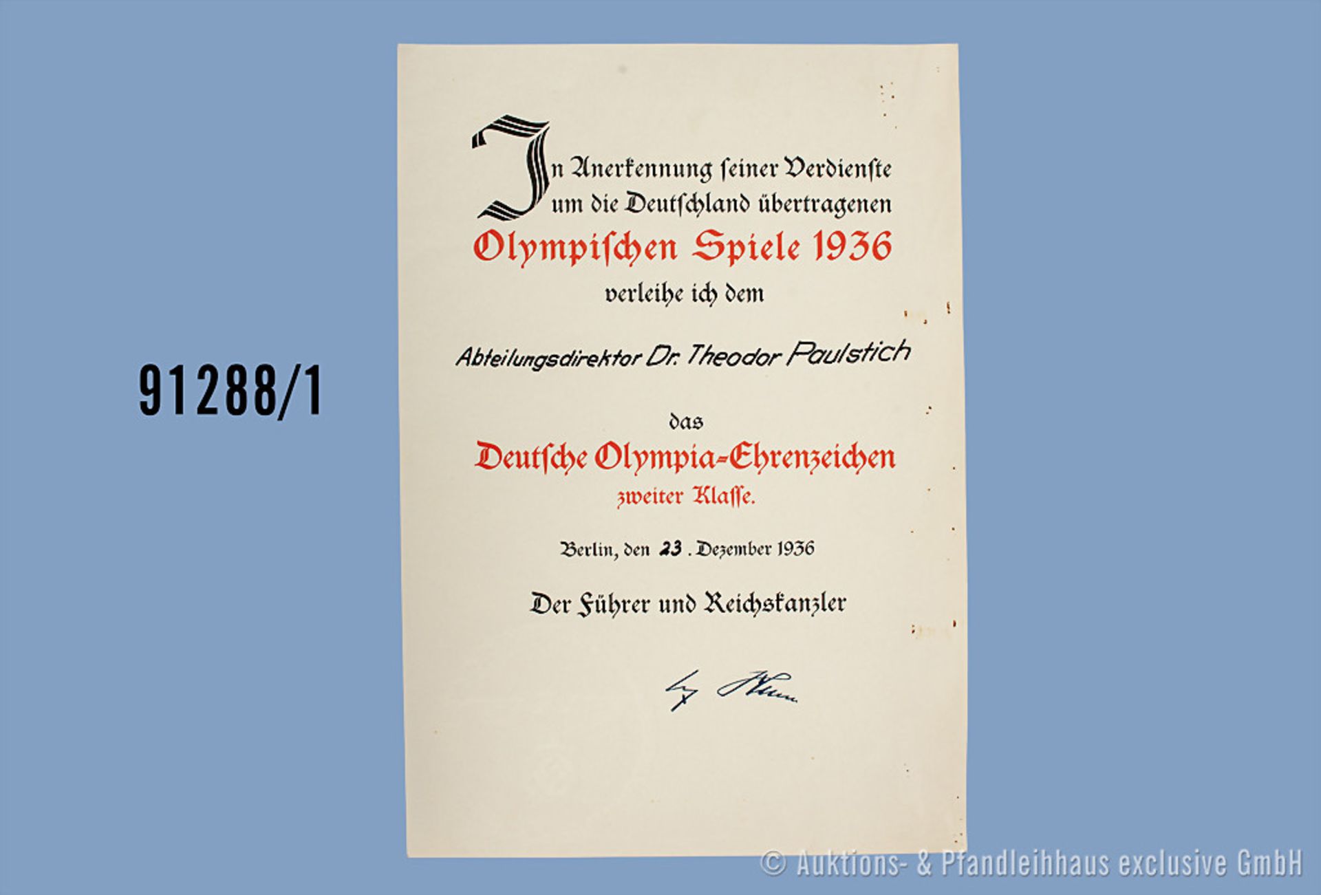Olympia-Ehrenzeichen 2. Klasse, im dazugehörigen Etui, mit dazugehöriger Urkunde, ...