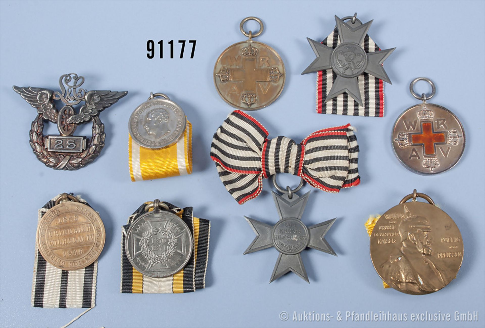 Konv. Preußen Centenarmedaille 2 x Kriegshilfsdienstkreuz, 2 Rot-Kreuz Medaillen, ...