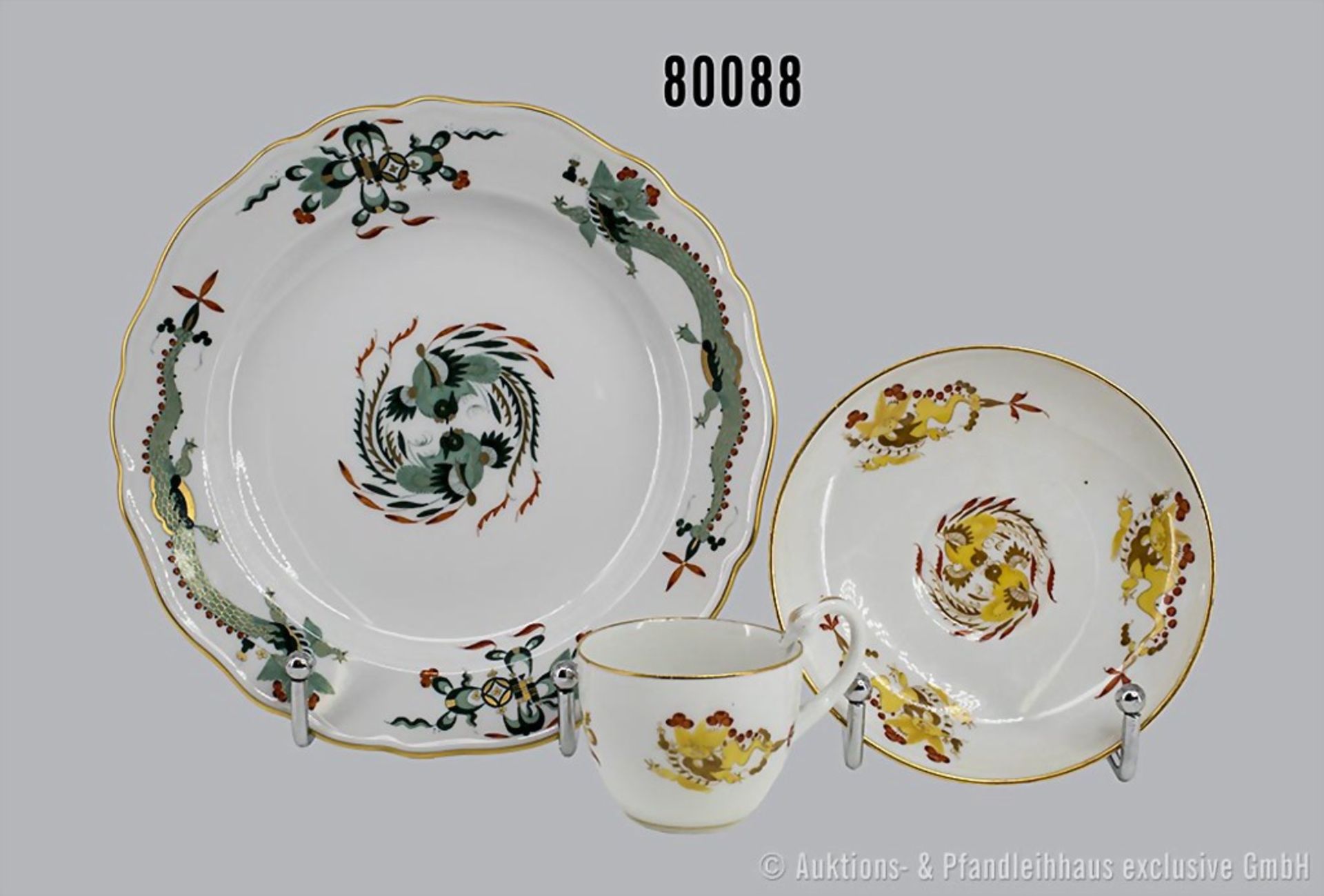 Konv. Porzellanteller, Meissen, 501, Huhu Hähne und Drachen, D 18 cm, dazu Mokkatasse ...