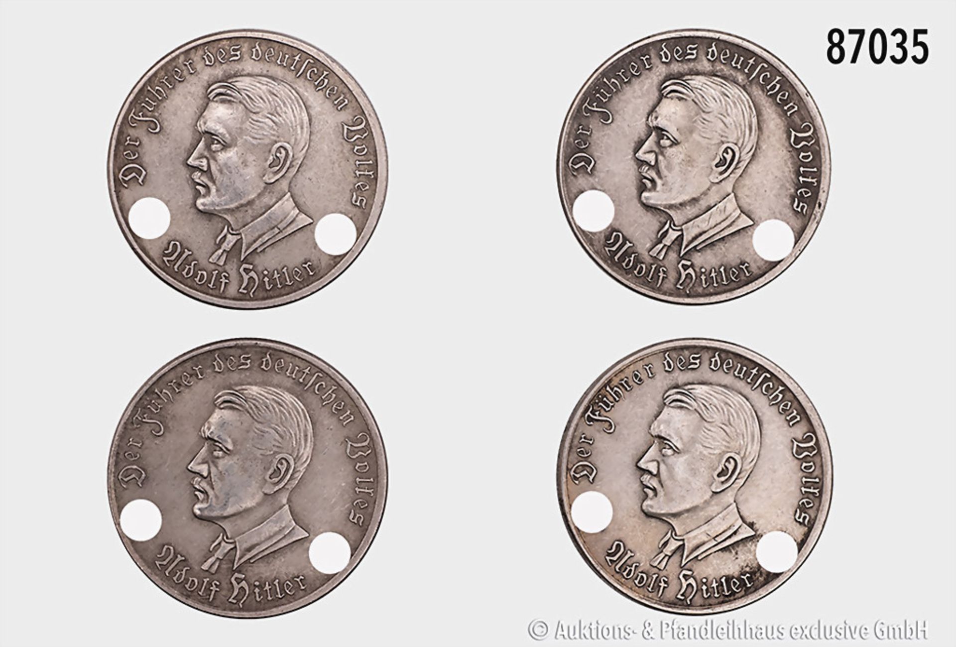 Konv. 4 Medaillen (NK, spätere Prägungen, versilbert) mit dem Porträt Adolf Hitlers, auf ...