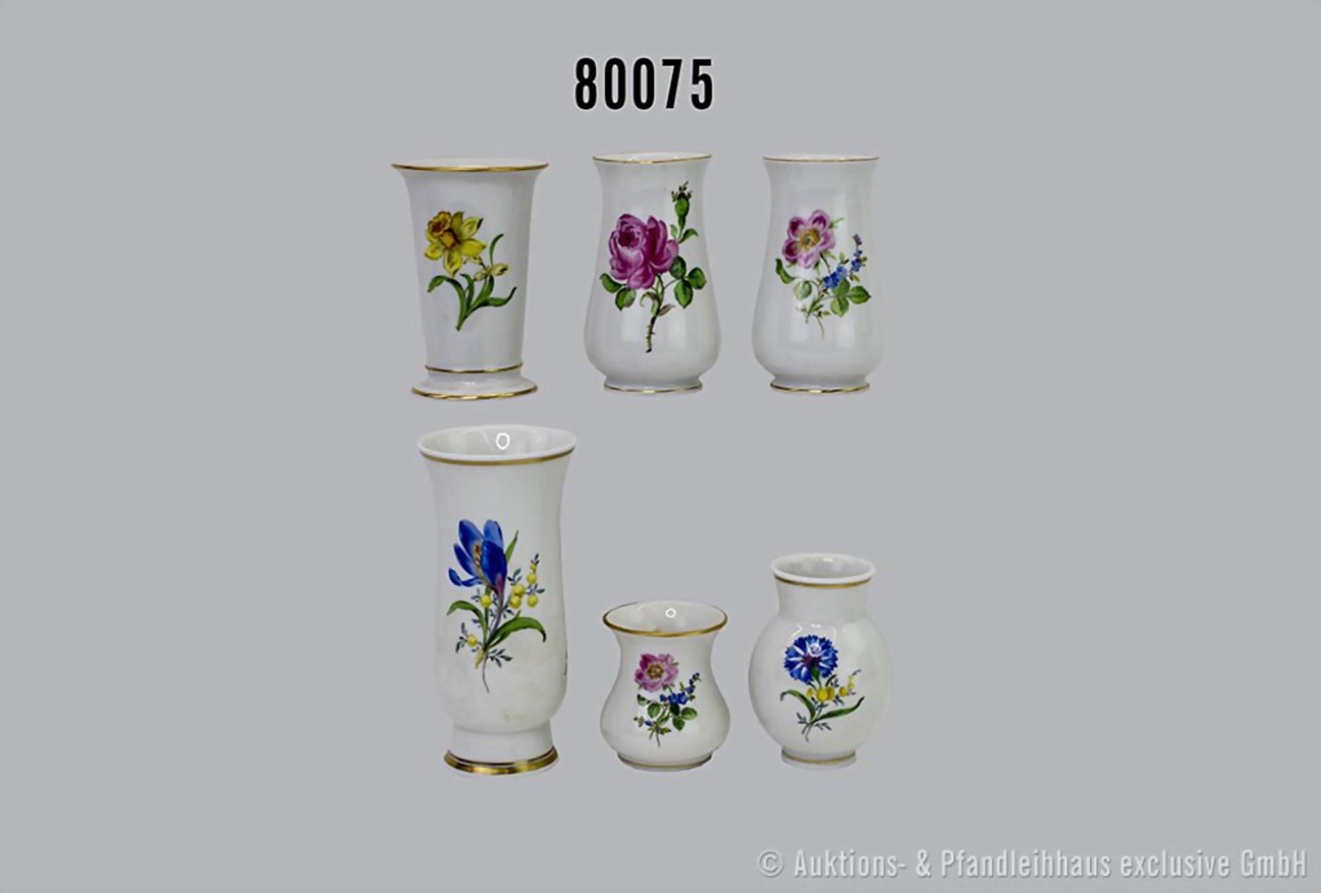 Porzellan, Konv. 6 kleine Blumenvasen, Meissen, davon 3 x 2. Wahl, H bis 14,5 cm, guter ...