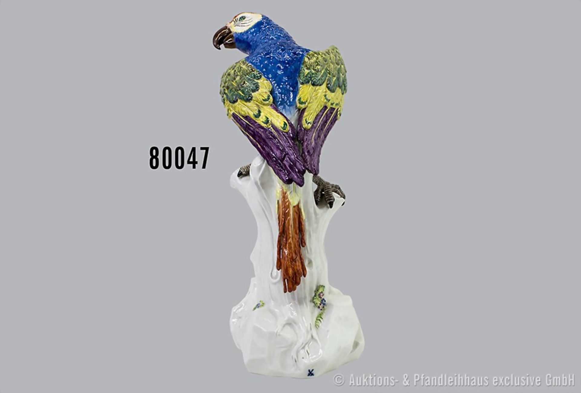 Porzellan, großer Papagei/Ara auf Baumstamm sitzend, Meissen, ca. 2. Hälfte 20. Jh., ... - Bild 4 aus 5