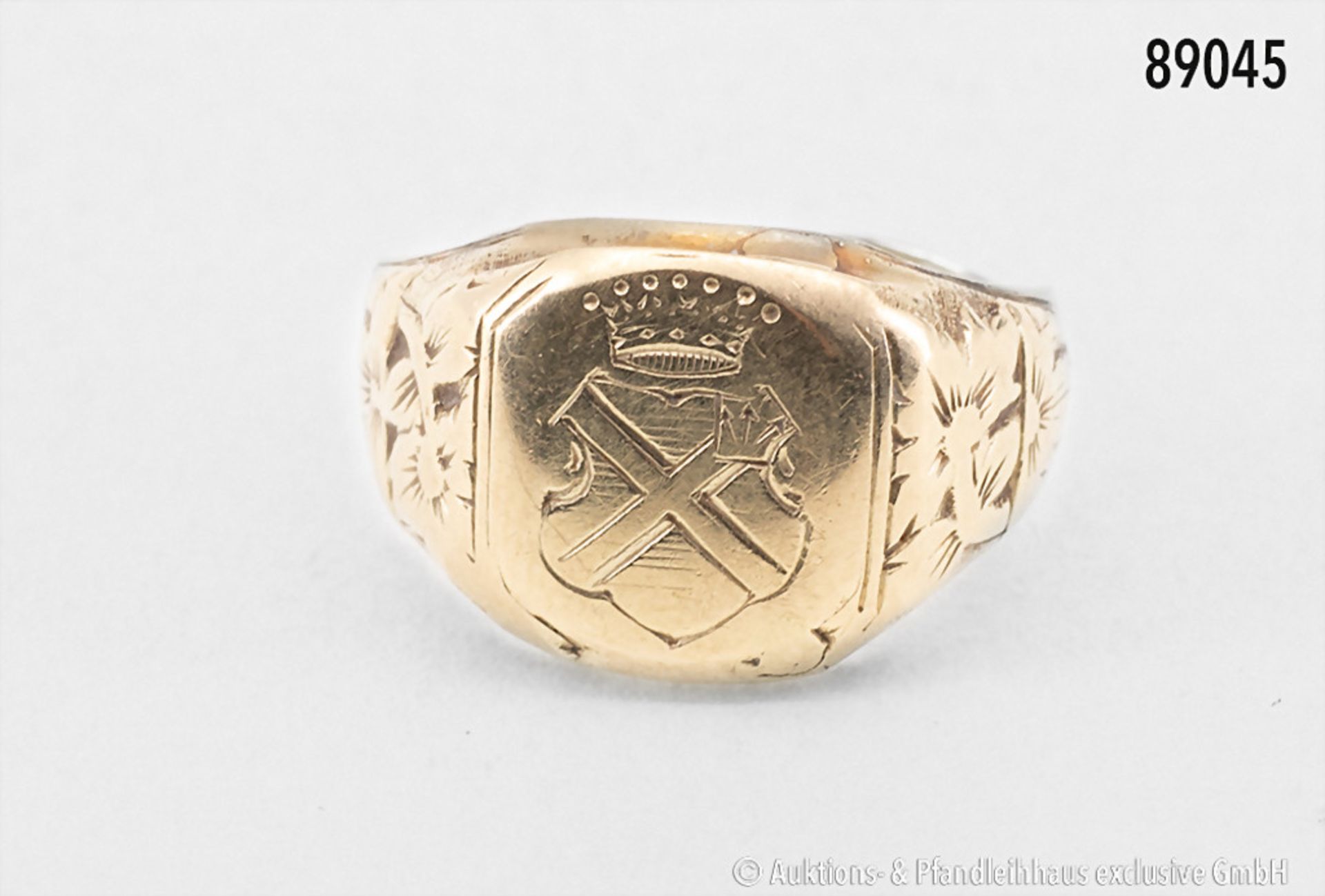 Ring, 585er Gelbgold, mit Wappen und siebenzackiger Krone für einen Freiherrn, Ring ...