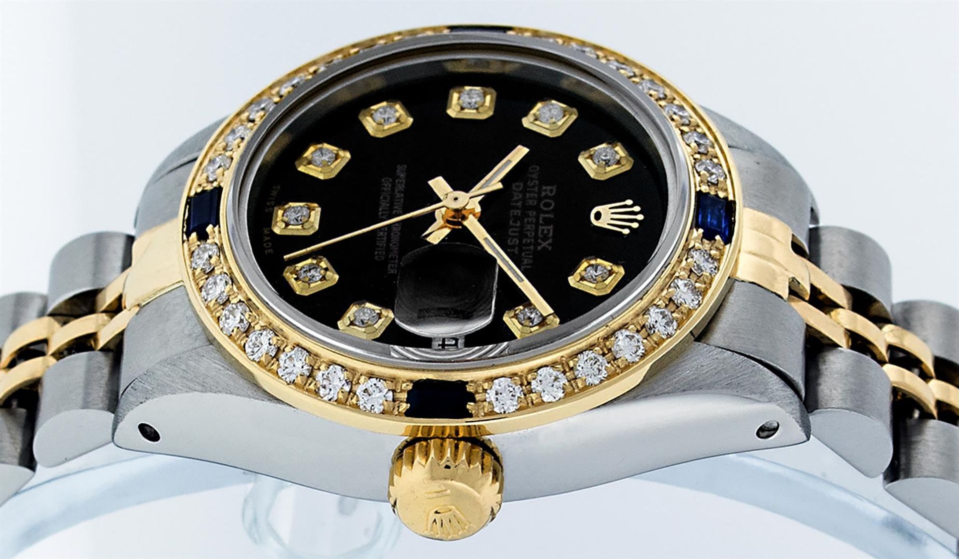 Rolex Ladies 2 Tone Black Diamond & Sapphire 26MM Oyster Datejust Wristwatch - Image 4 of 9