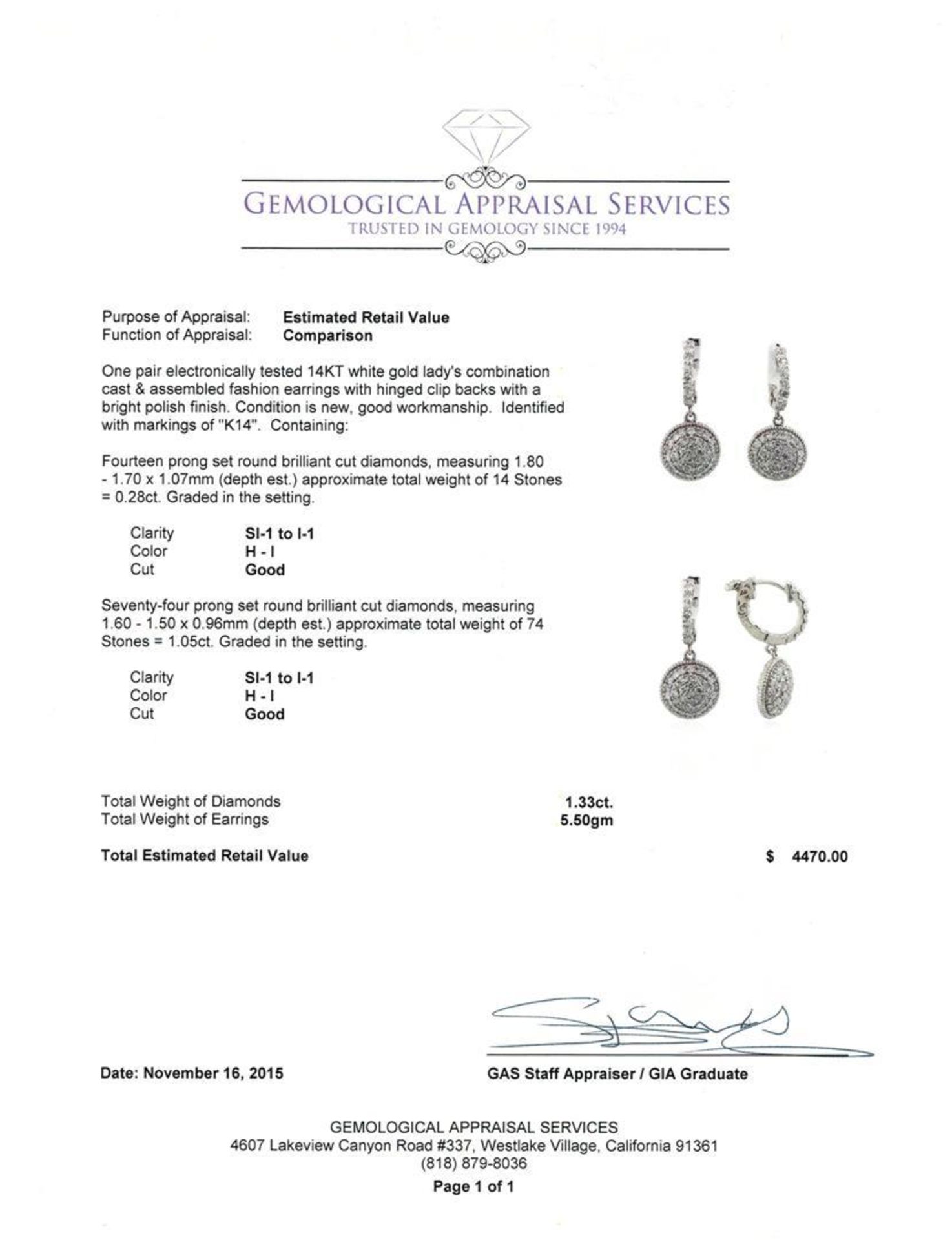 1.33 ctw Diamond Earrings - 14KT White Gold - Image 3 of 3