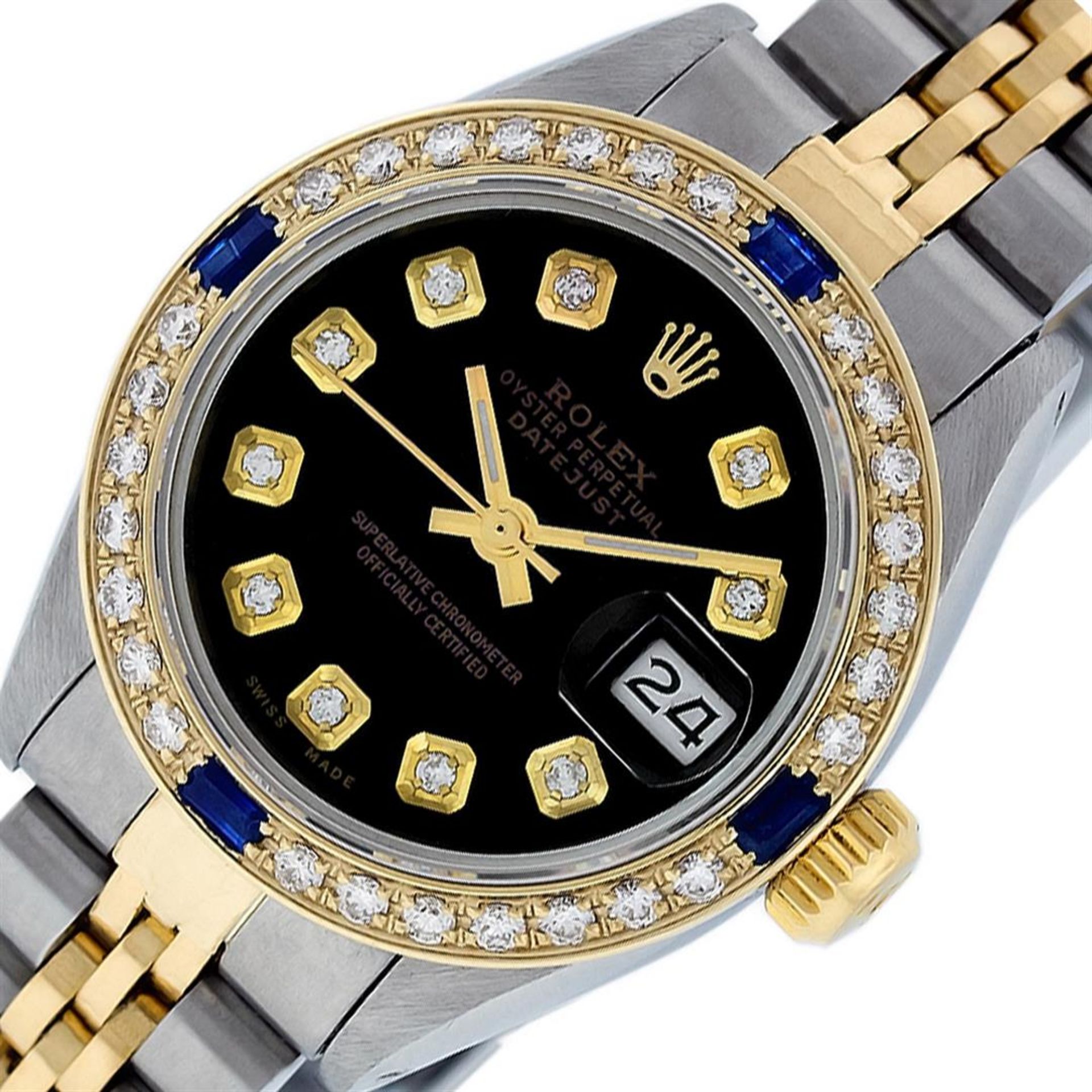 Rolex Ladies 2 Tone Black Diamond & Sapphire 26MM Oyster Datejust Wristwatch - Image 6 of 9