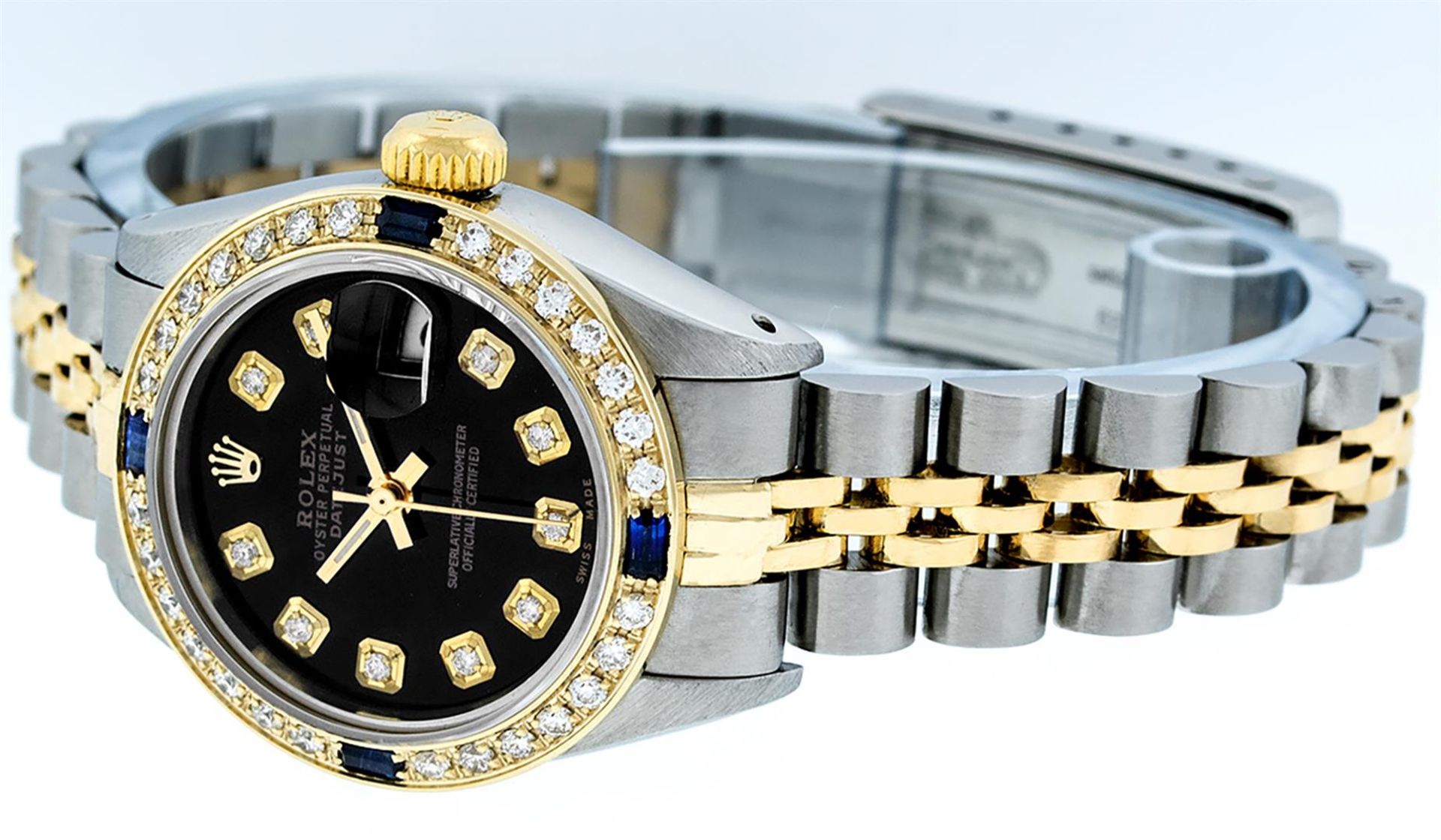 Rolex Ladies 2 Tone Black Diamond & Sapphire 26MM Oyster Datejust Wristwatch - Image 3 of 9