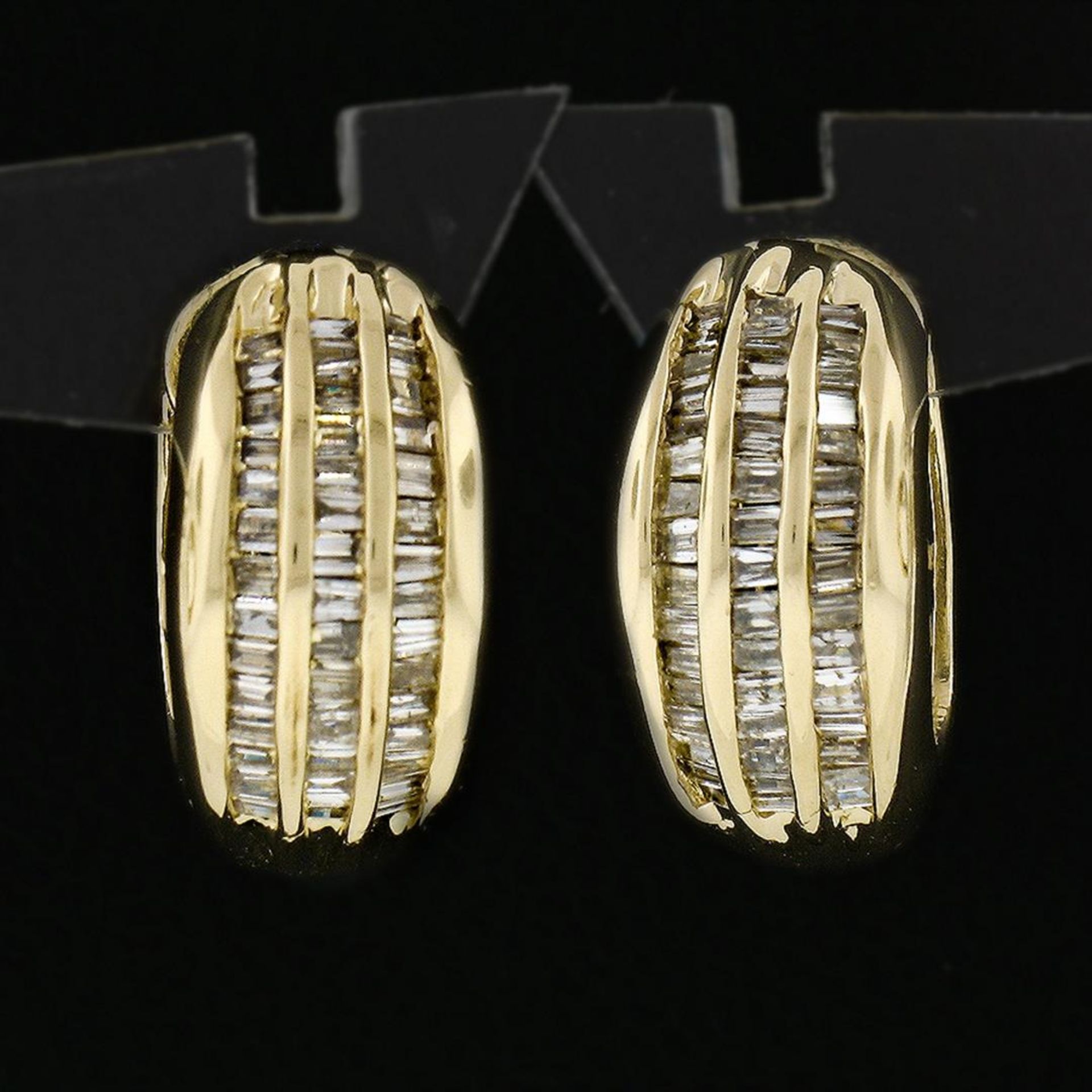 14K Yellow Gold 1.10 ctw 3 Row Channel Baguette Cut Diamond Hoop Huggie Earrings - Image 2 of 6