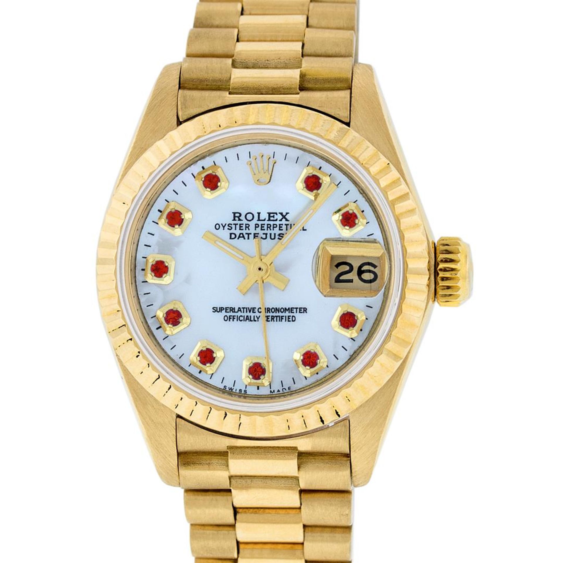 Rolex Ladies 18K Yellow Gold Mother Of Pearl Ruby Datejust President Wristwatch - Image 2 of 9