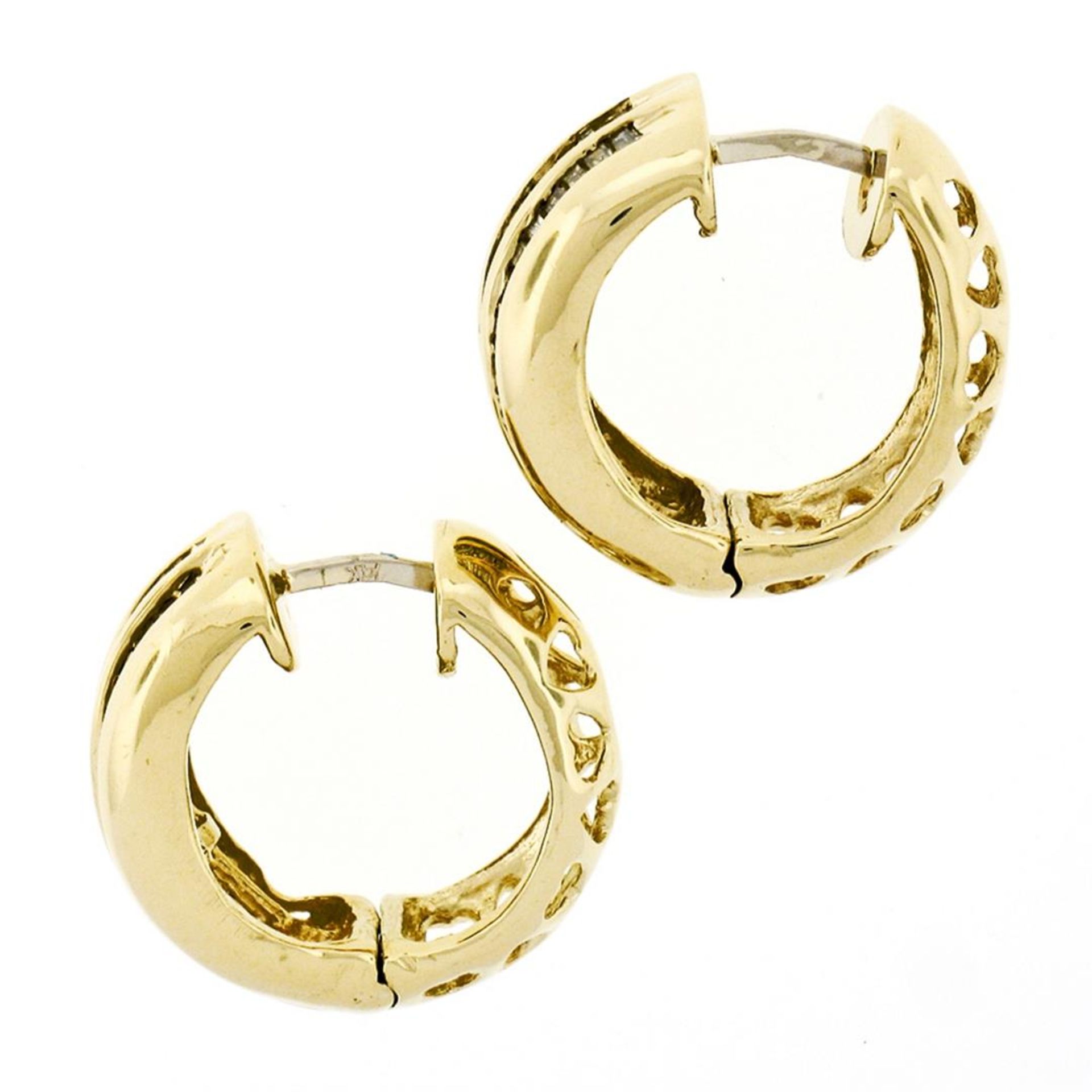 14K Yellow Gold 1.10 ctw 3 Row Channel Baguette Cut Diamond Hoop Huggie Earrings - Image 5 of 6