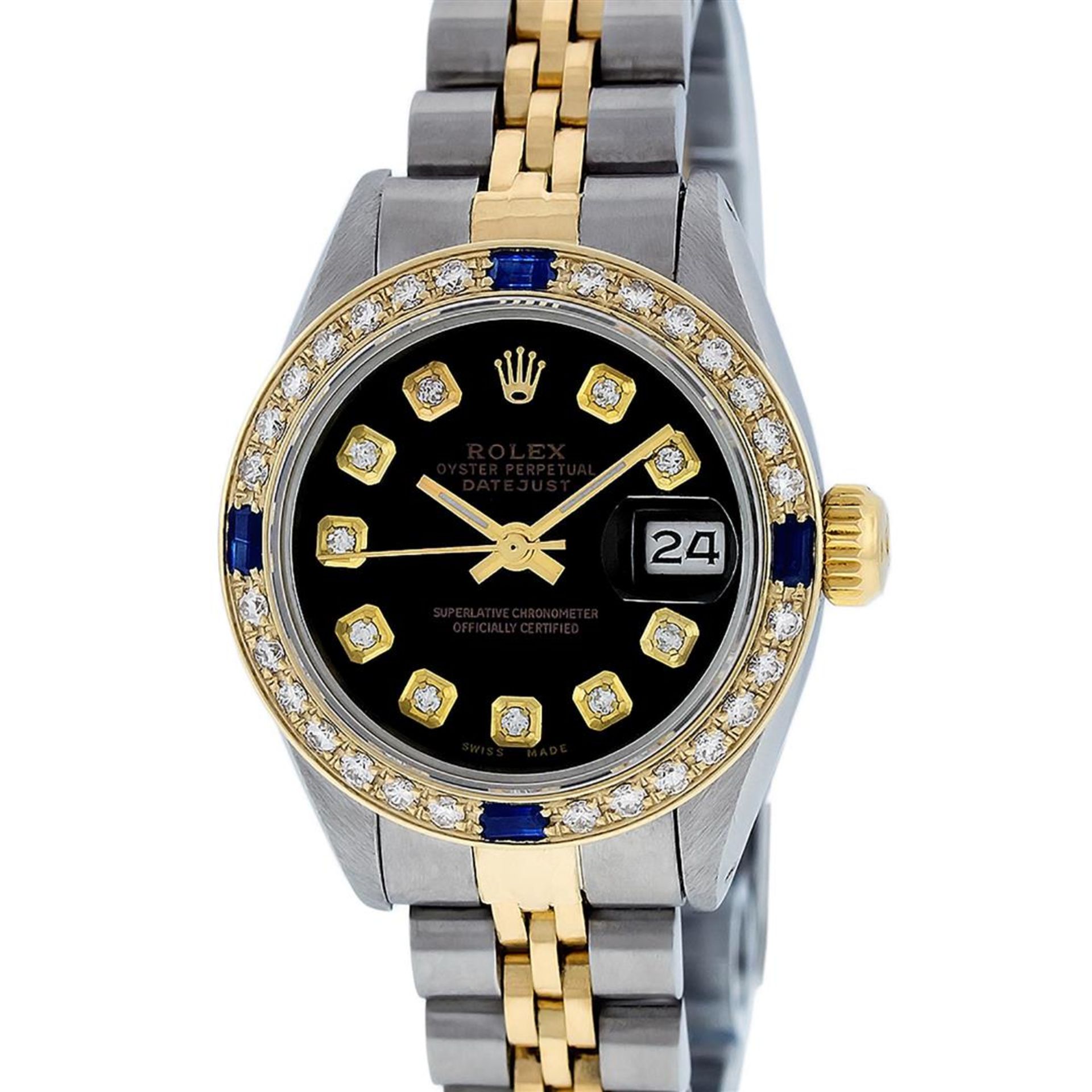 Rolex Ladies 2 Tone Black Diamond & Sapphire 26MM Oyster Datejust Wristwatch - Image 7 of 9