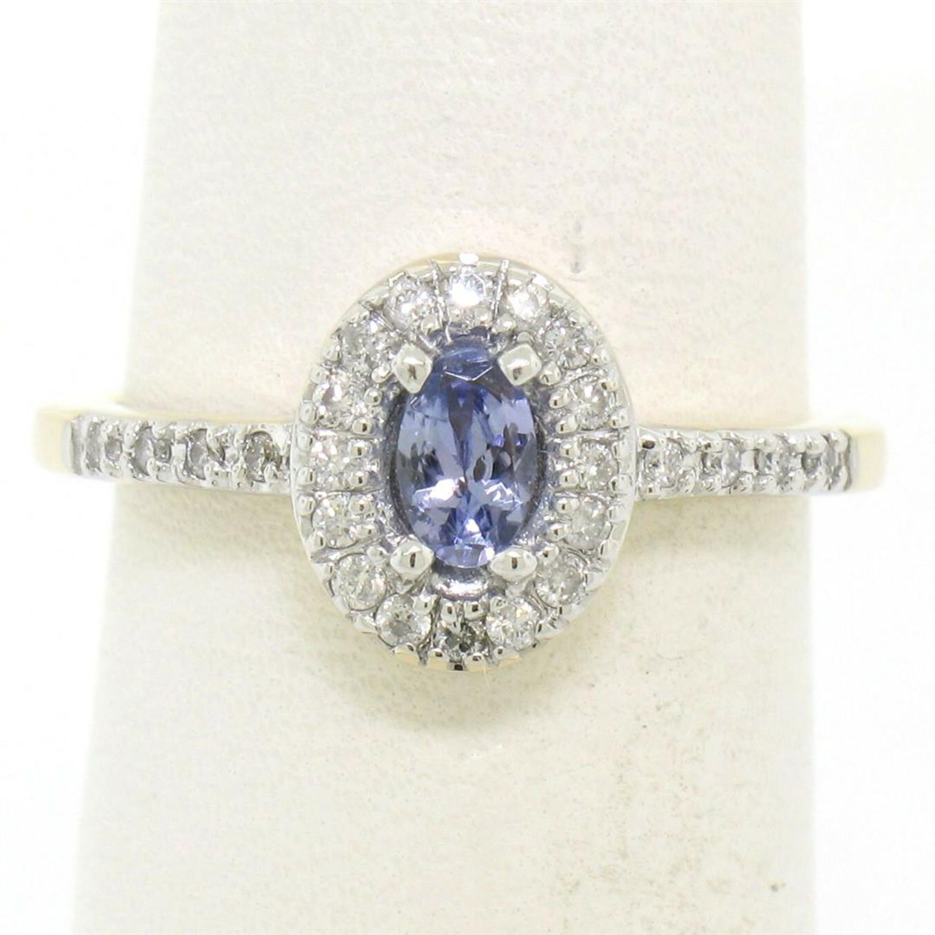 NEW Petite 14K Yellow Gold 0.50 ctw Oval Cut Tanzanite Ring w/ Round Diamond Hal - Image 4 of 8