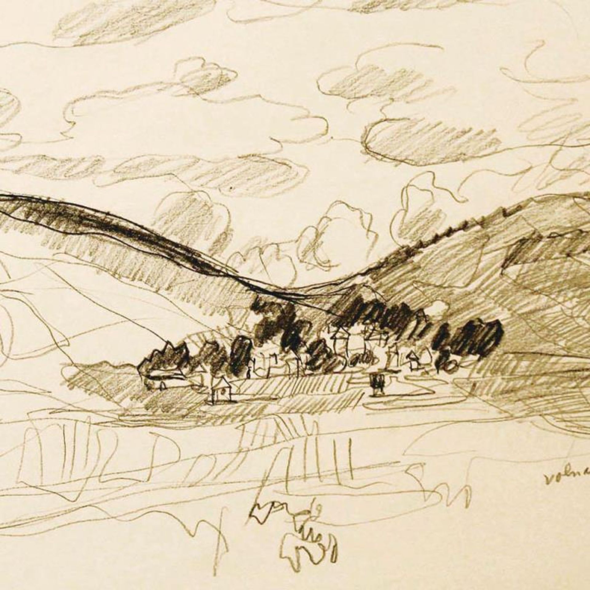 Wayne Ensrud "View of Volnay in Burgundy" Pencil Original Artwork; Hand Signed; - Image 2 of 2