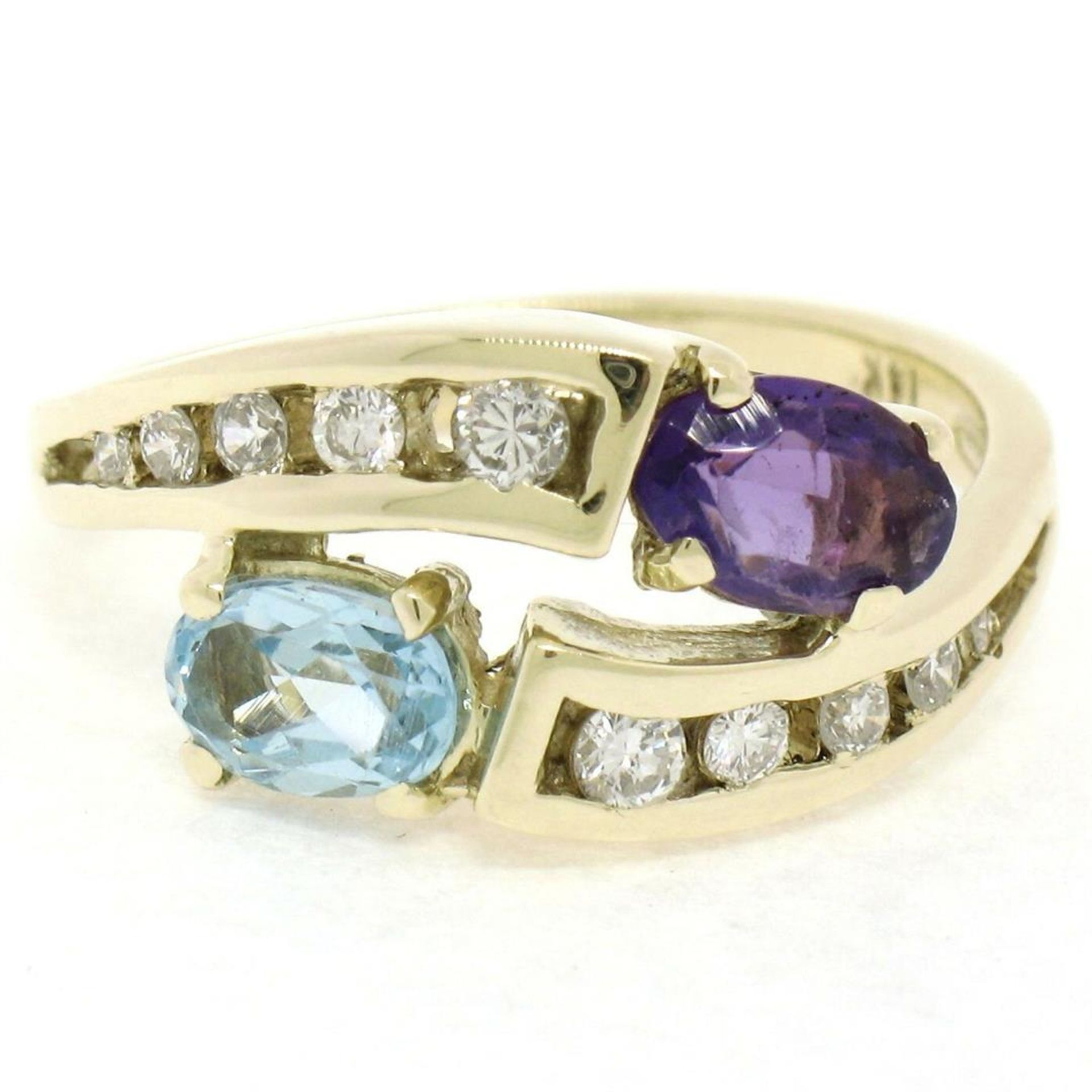 14K Yellow Gold 1.21 ctw Oval Amethyst & Blue Topaz Bypass Ring w/ Round Diamond