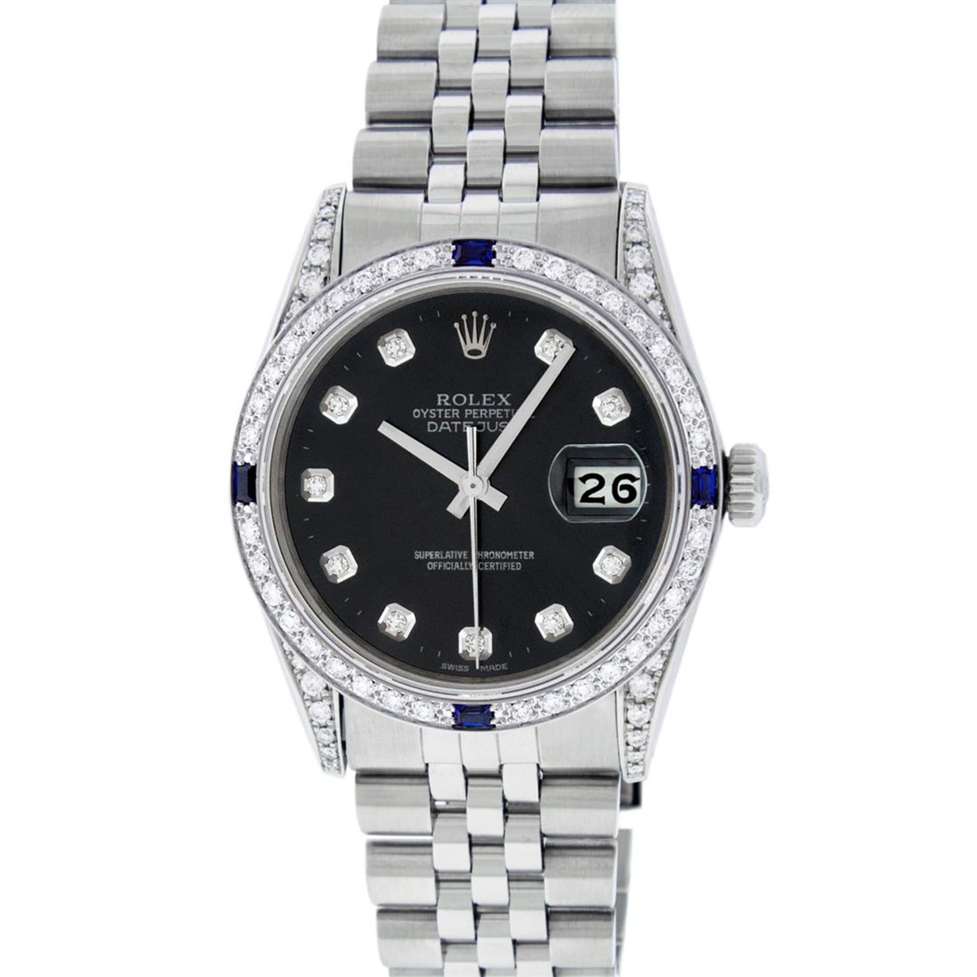 Rolex Mens Stainless Steel Diamond Lugs Black Diamond & Sapphire Datejust Wristw - Image 2 of 9