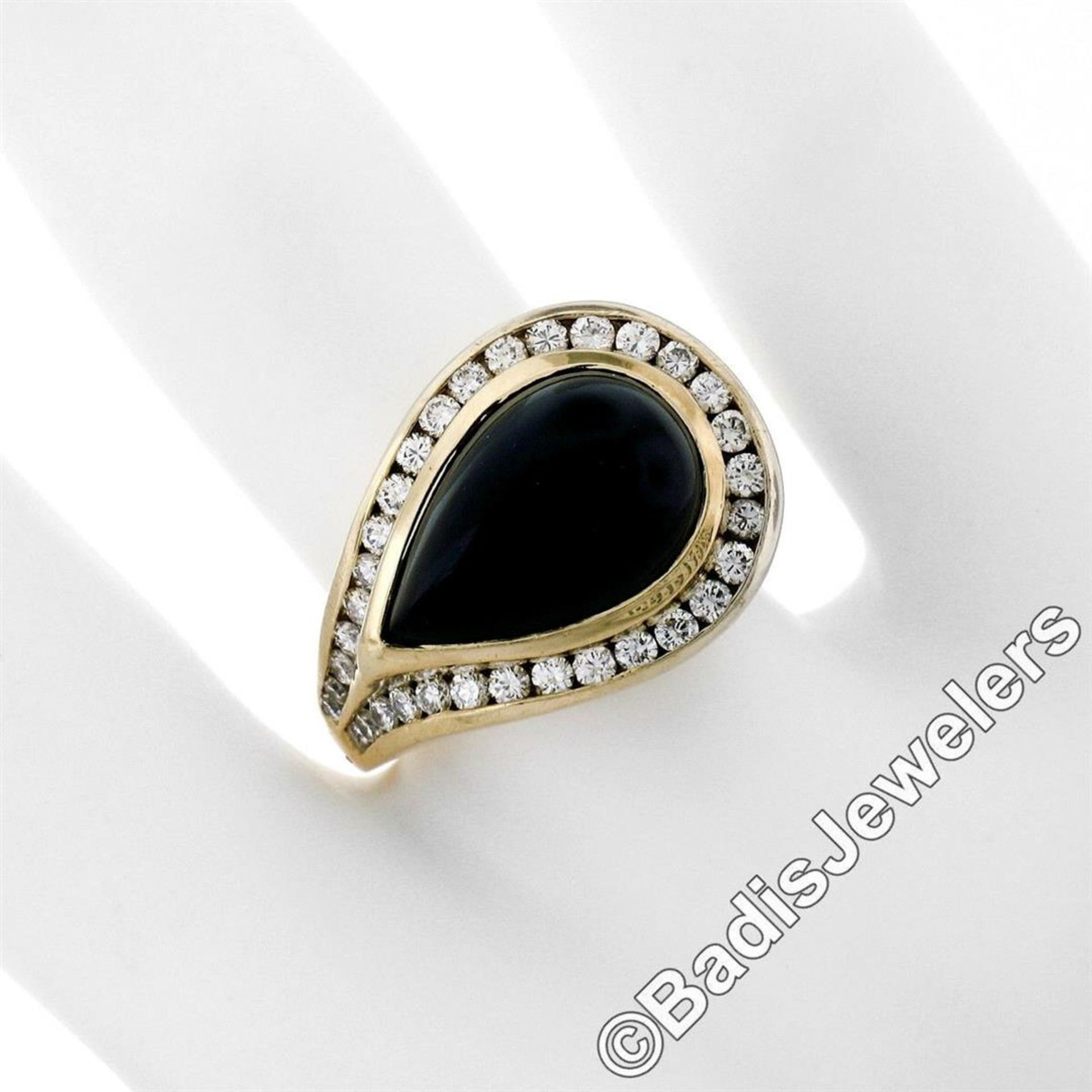 18kt Yellow Gold Pear Cabochon Black Onyx and Channel Set Diamond Ring - Image 3 of 8