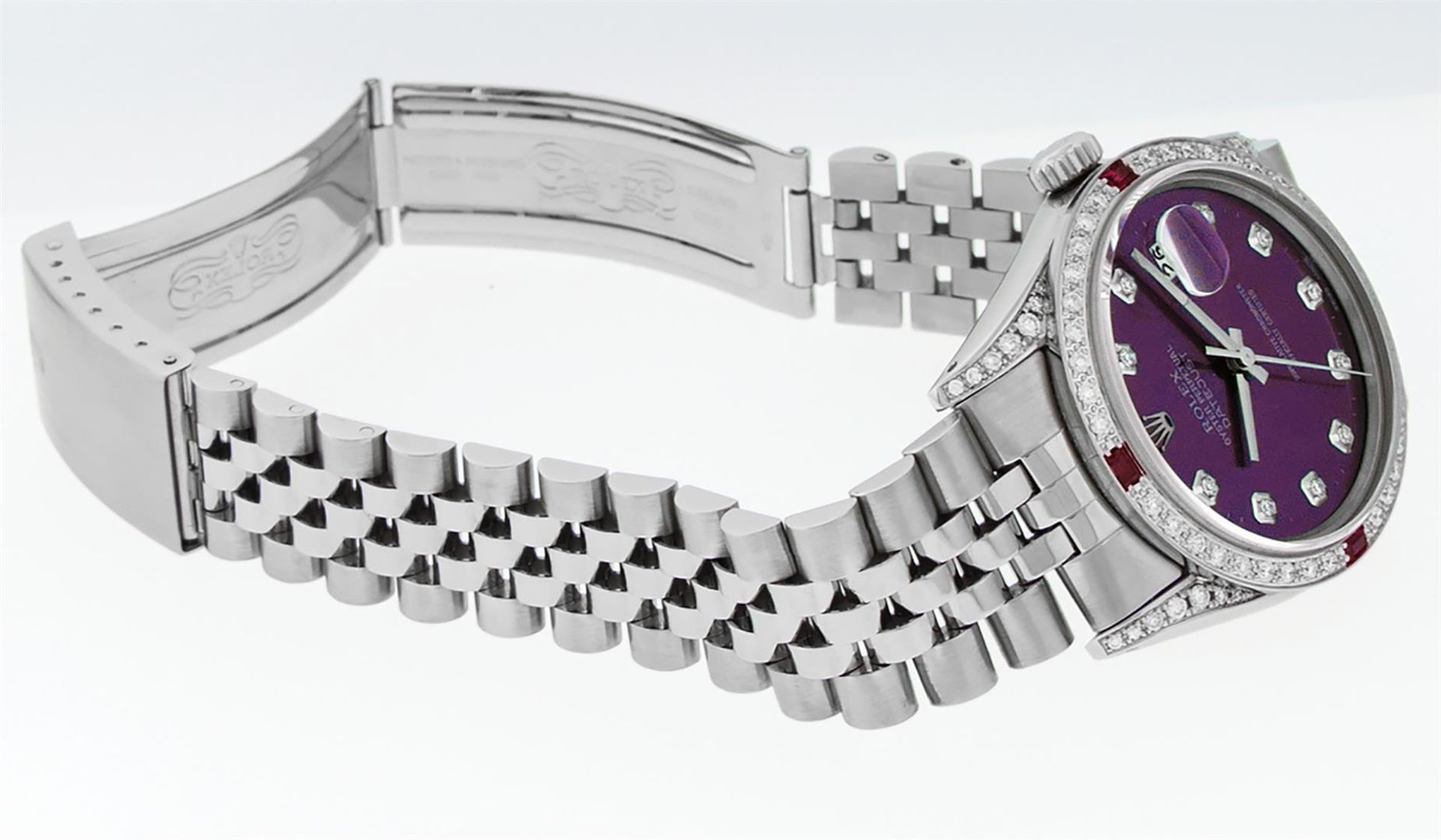 Rolex Mens Stainless Steel Diamond Lugs Purple Diamond & Ruby Datejust Wristwatc - Image 9 of 9