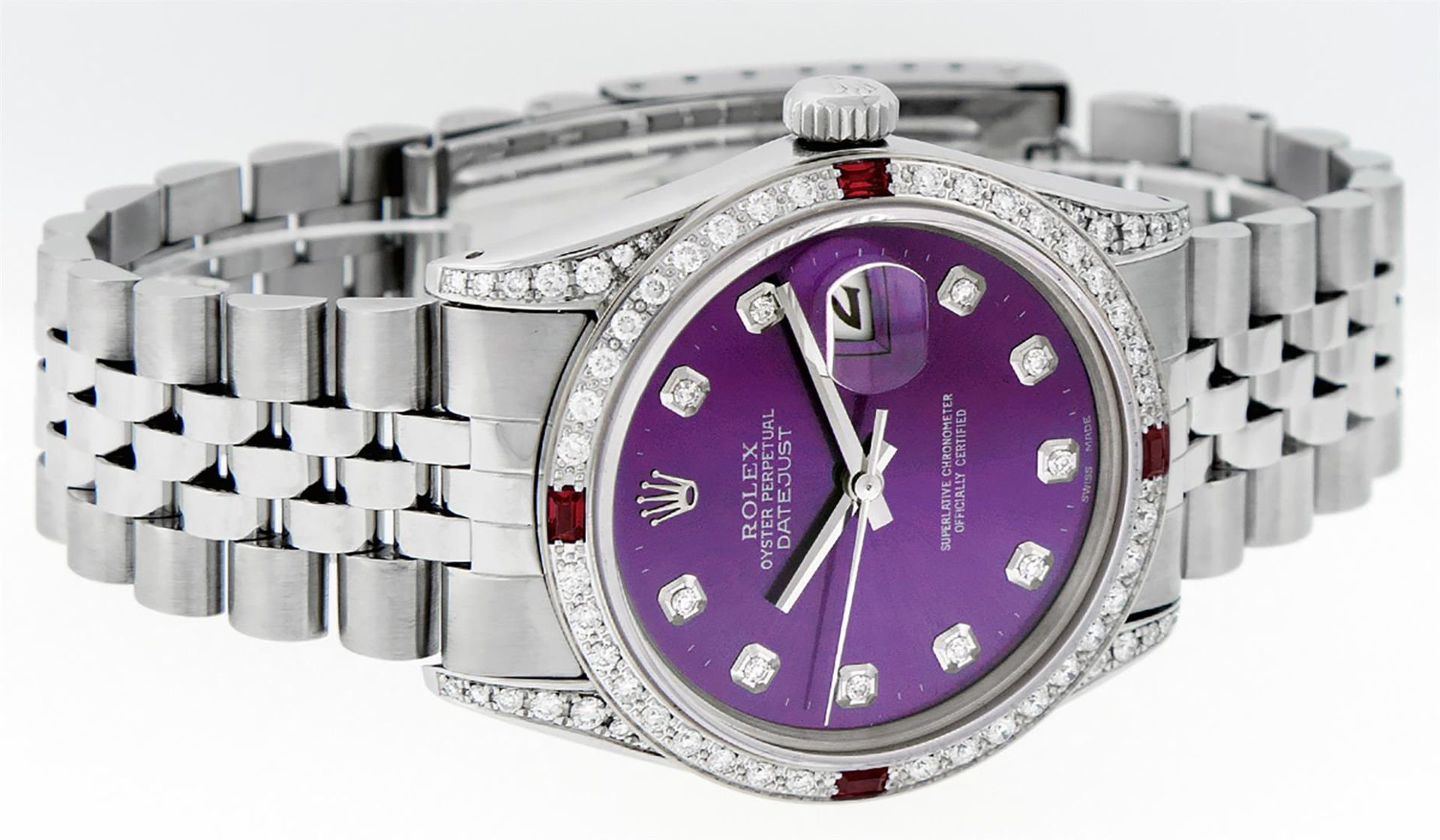 Rolex Mens Stainless Steel Diamond Lugs Purple Diamond & Ruby Datejust Wristwatc - Image 4 of 9