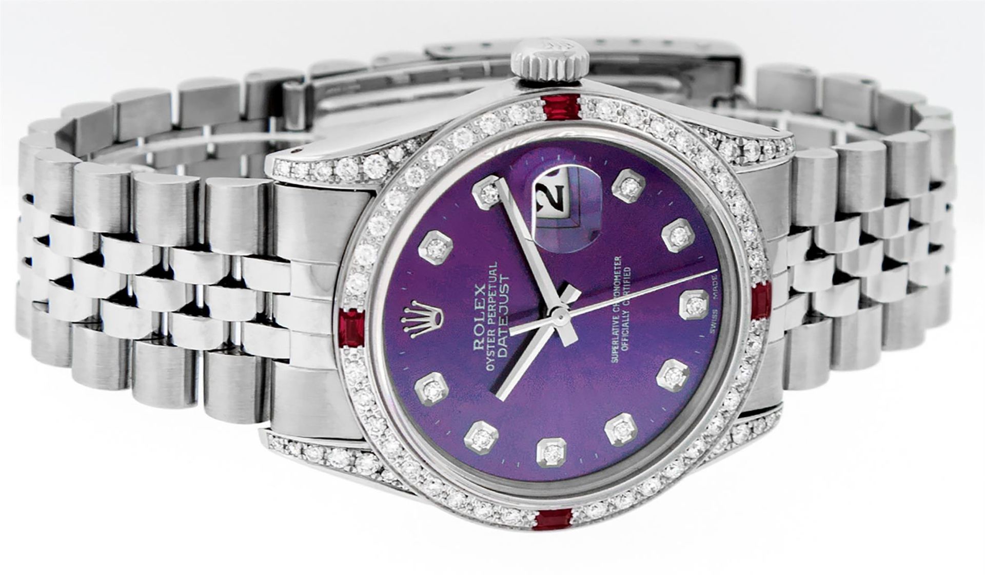 Rolex Mens Stainless Steel Diamond Lugs Purple Diamond & Ruby Datejust Wristwatc - Image 3 of 9