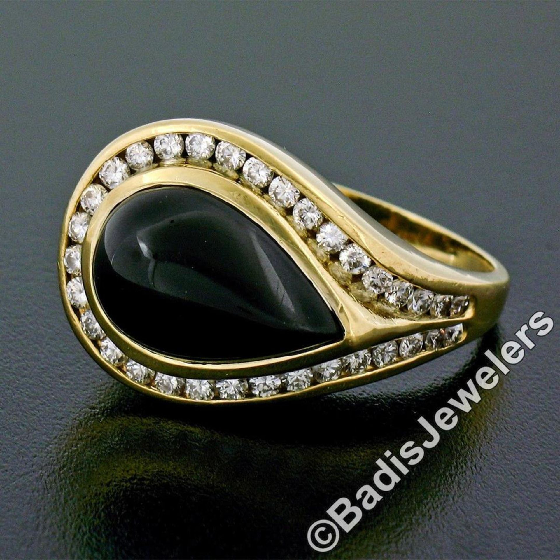 18kt Yellow Gold Pear Cabochon Black Onyx and Channel Set Diamond Ring - Image 5 of 8