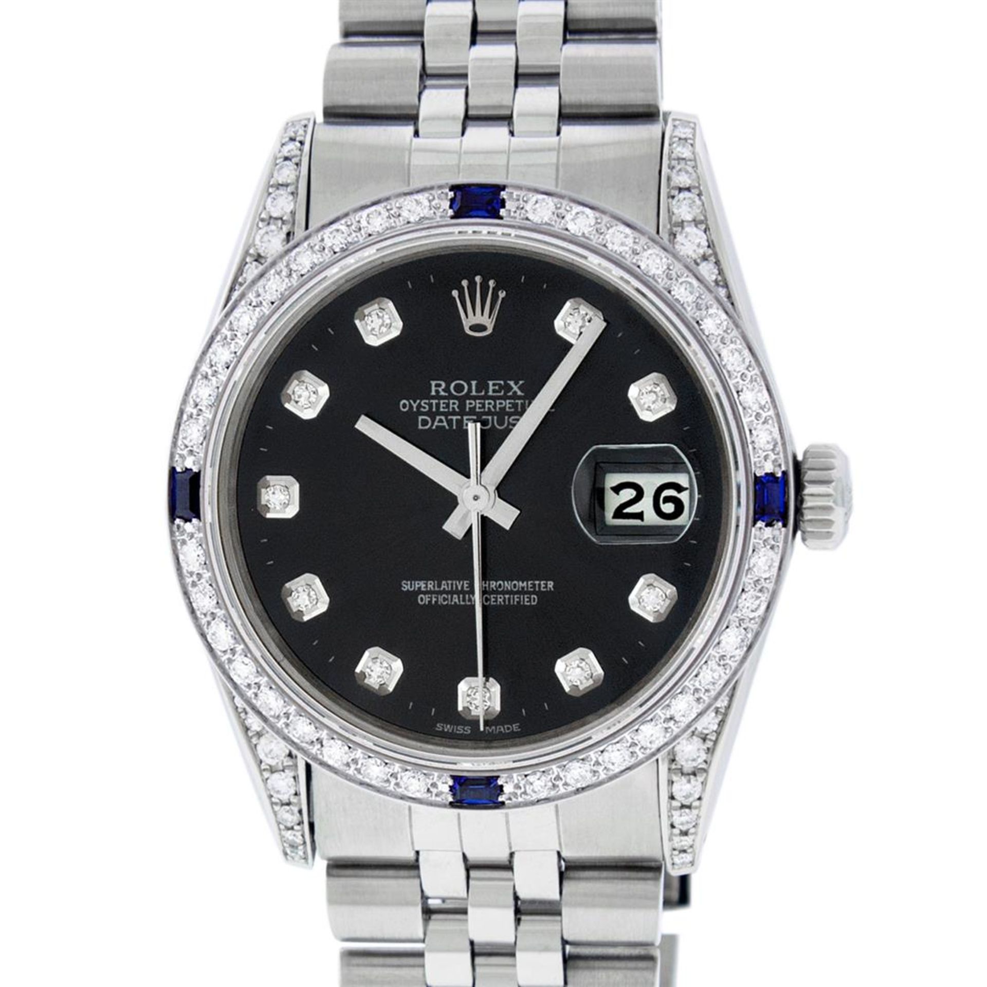 Rolex Mens Stainless Steel Diamond Lugs Black Diamond & Sapphire Datejust Wristw