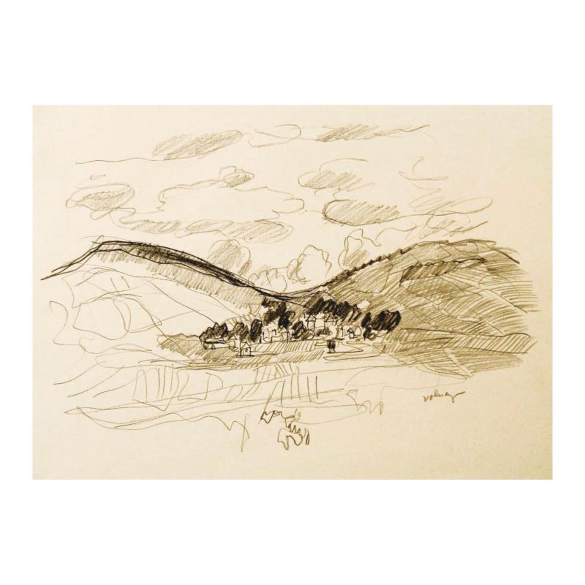 Wayne Ensrud "View of Volnay in Burgundy" Pencil Original Artwork; Hand Signed;
