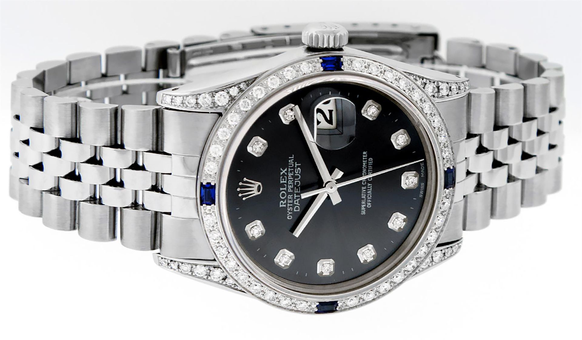 Rolex Mens Stainless Steel Diamond Lugs Black Diamond & Sapphire Datejust Wristw - Image 3 of 9