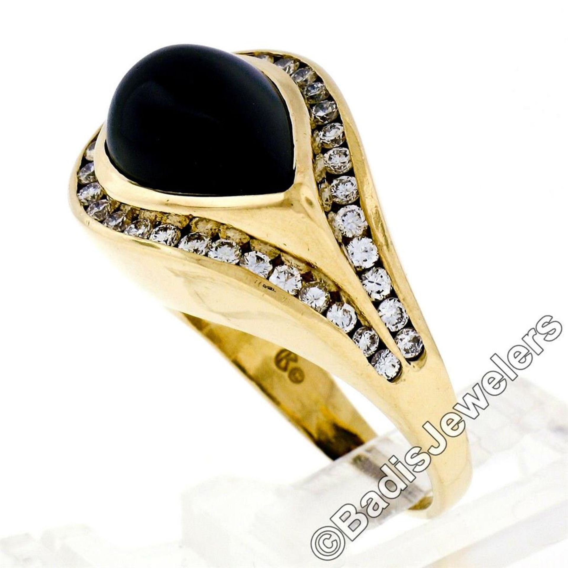 18kt Yellow Gold Pear Cabochon Black Onyx and Channel Set Diamond Ring - Image 2 of 8