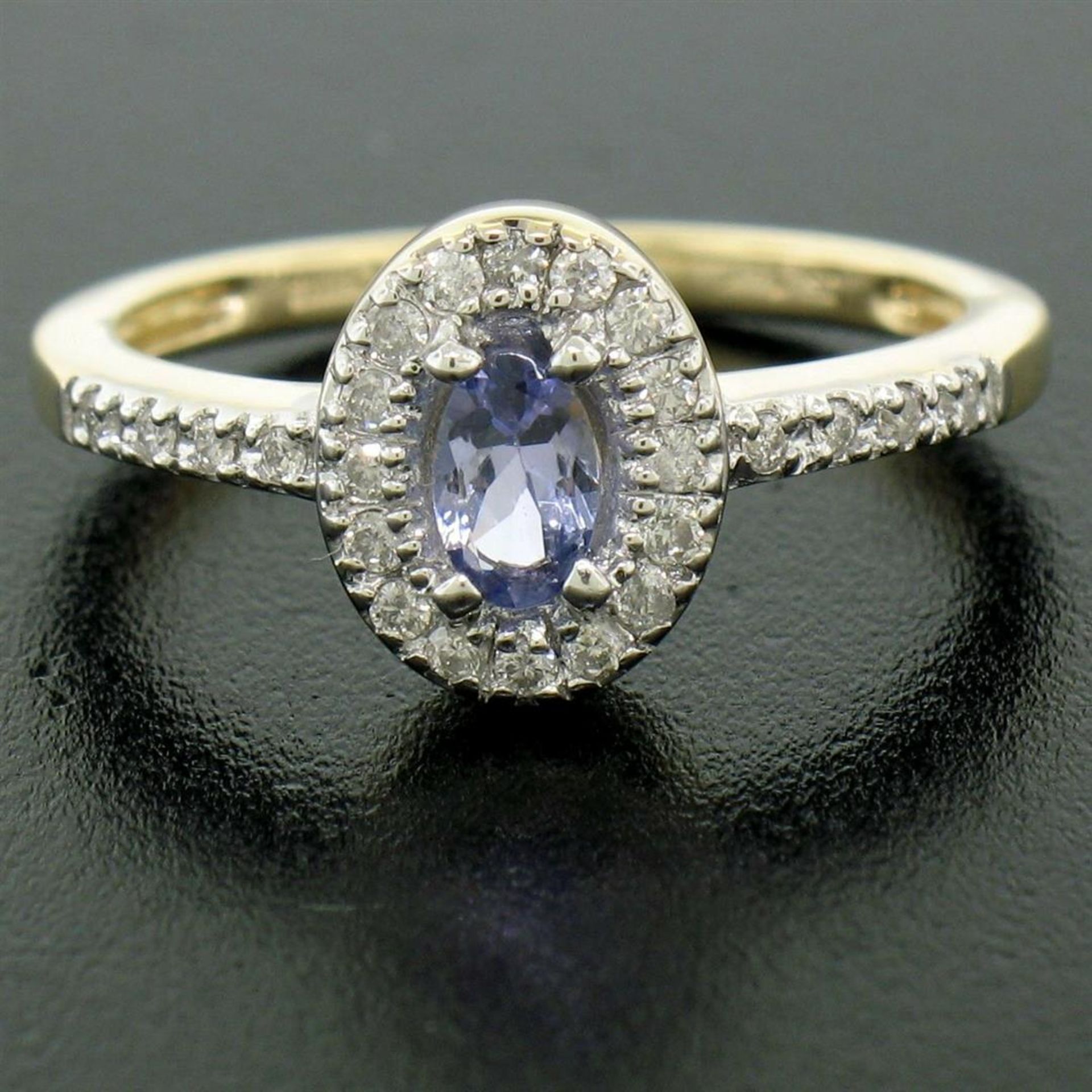 NEW Petite 14K Yellow Gold 0.50 ctw Oval Cut Tanzanite Ring w/ Round Diamond Hal - Image 6 of 8