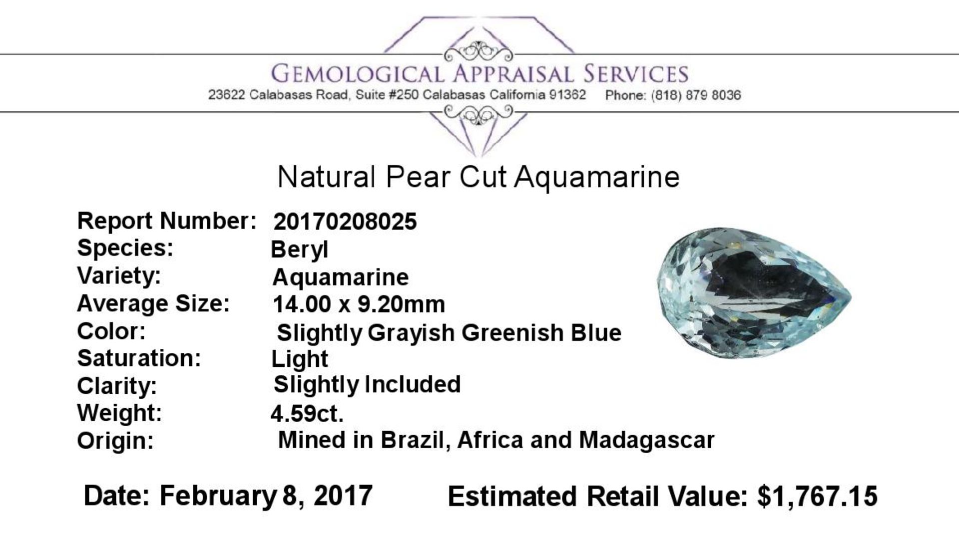 4.59 ct.Natural Pear Cut Aquamarine - Image 2 of 2