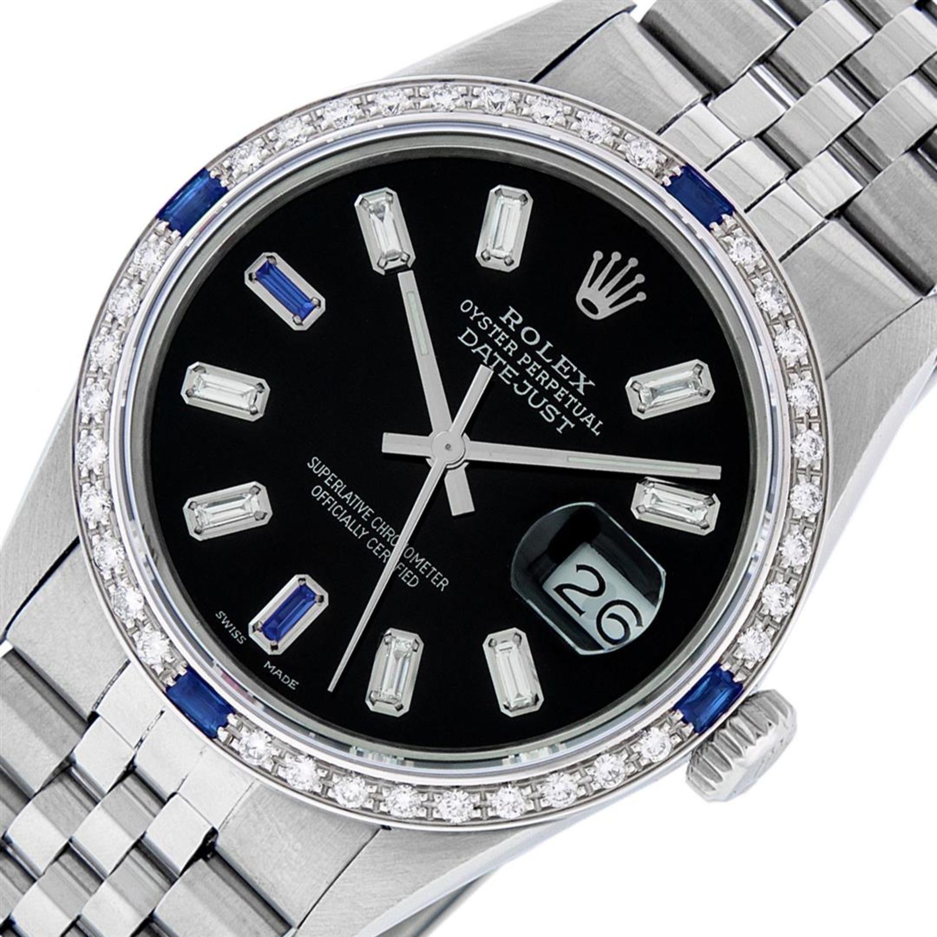 Rolex Mens Stainless Steel Black Baguette Diamond Dial & Sapphire Datejust Wrist - Image 2 of 9