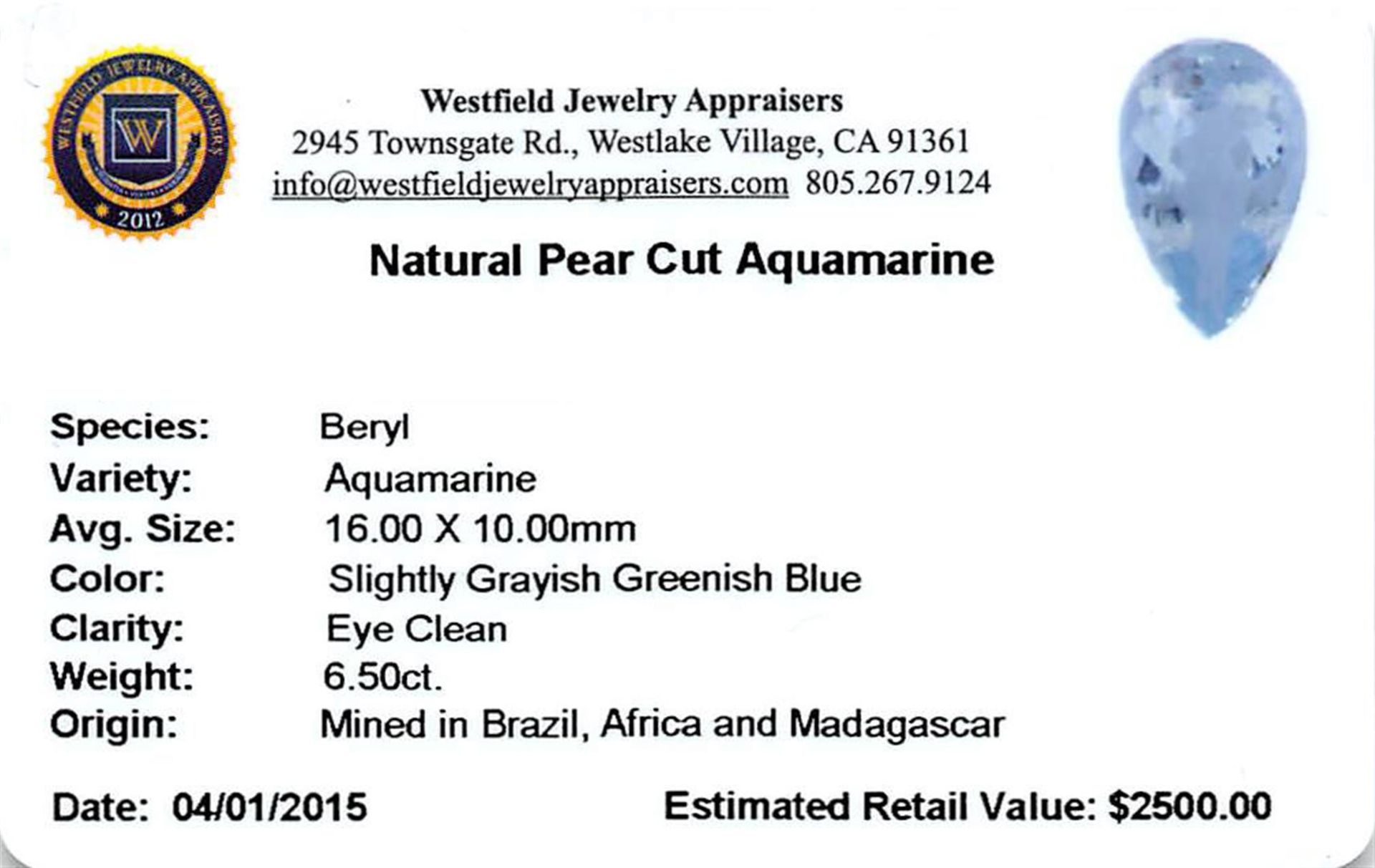 6.5 ctw Pear Aquamarine Parcel - Image 2 of 2