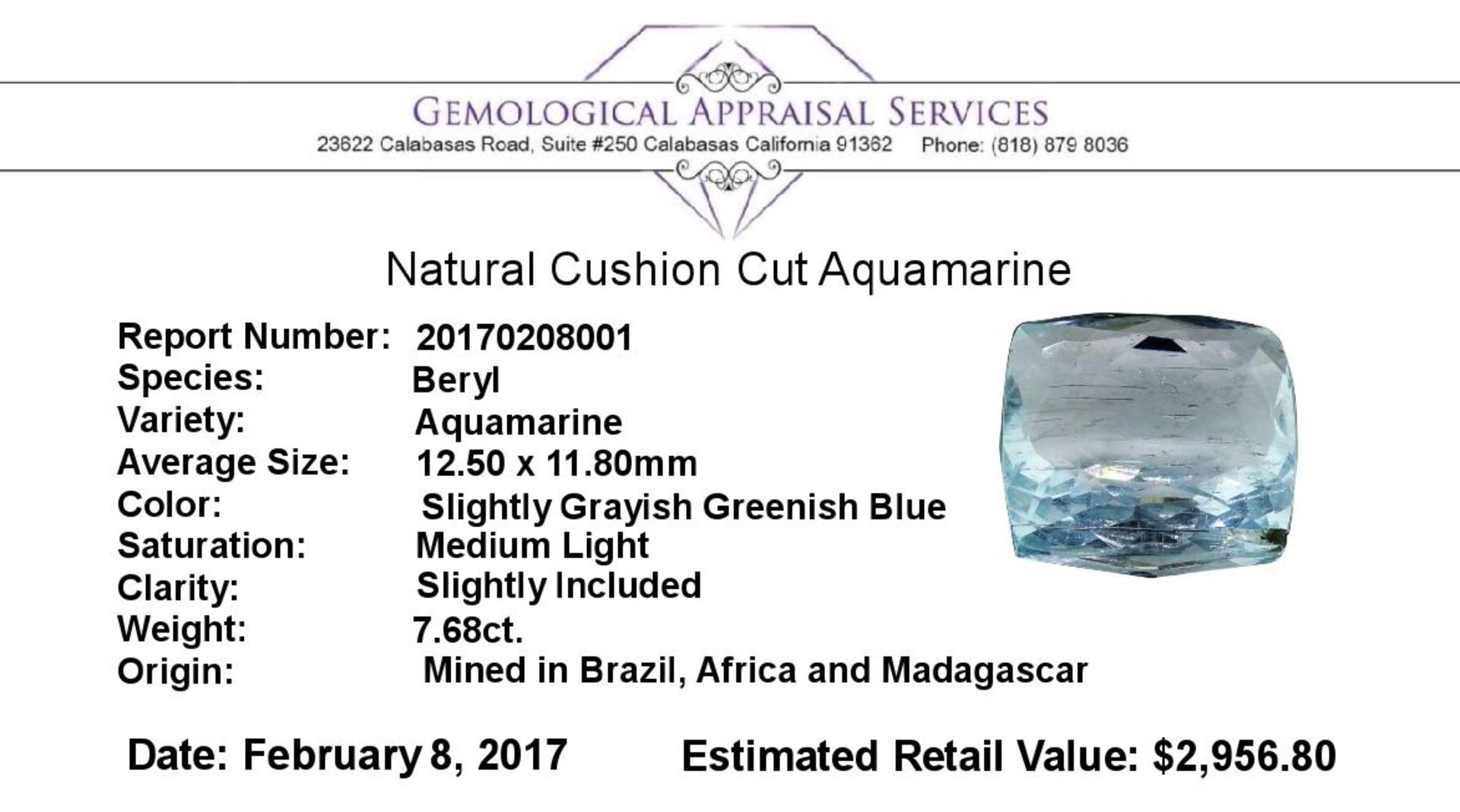 7.68 ct.Natural Cushion Cut Aquamarine - Image 2 of 2