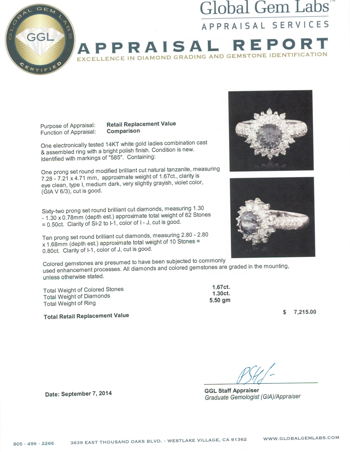 14KT White Gold 1.67 ctw Tanzanite and Diamond Ring - Image 5 of 5