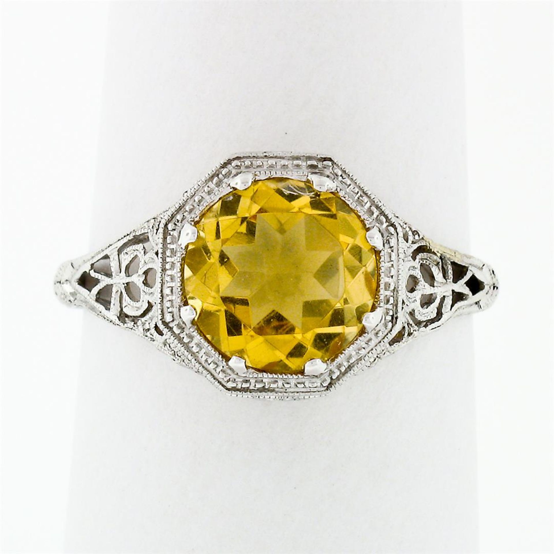 14k White Gold 1.80 ctw Fine Filigree & Milgrain Work Citrine Solitaire Ring