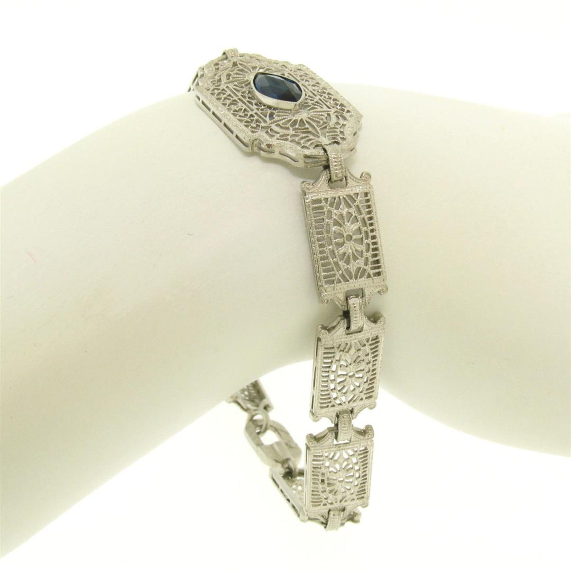 10k White Gold Filigree Link Bracelet w/ Marquise Sim Sapphire - Image 7 of 9