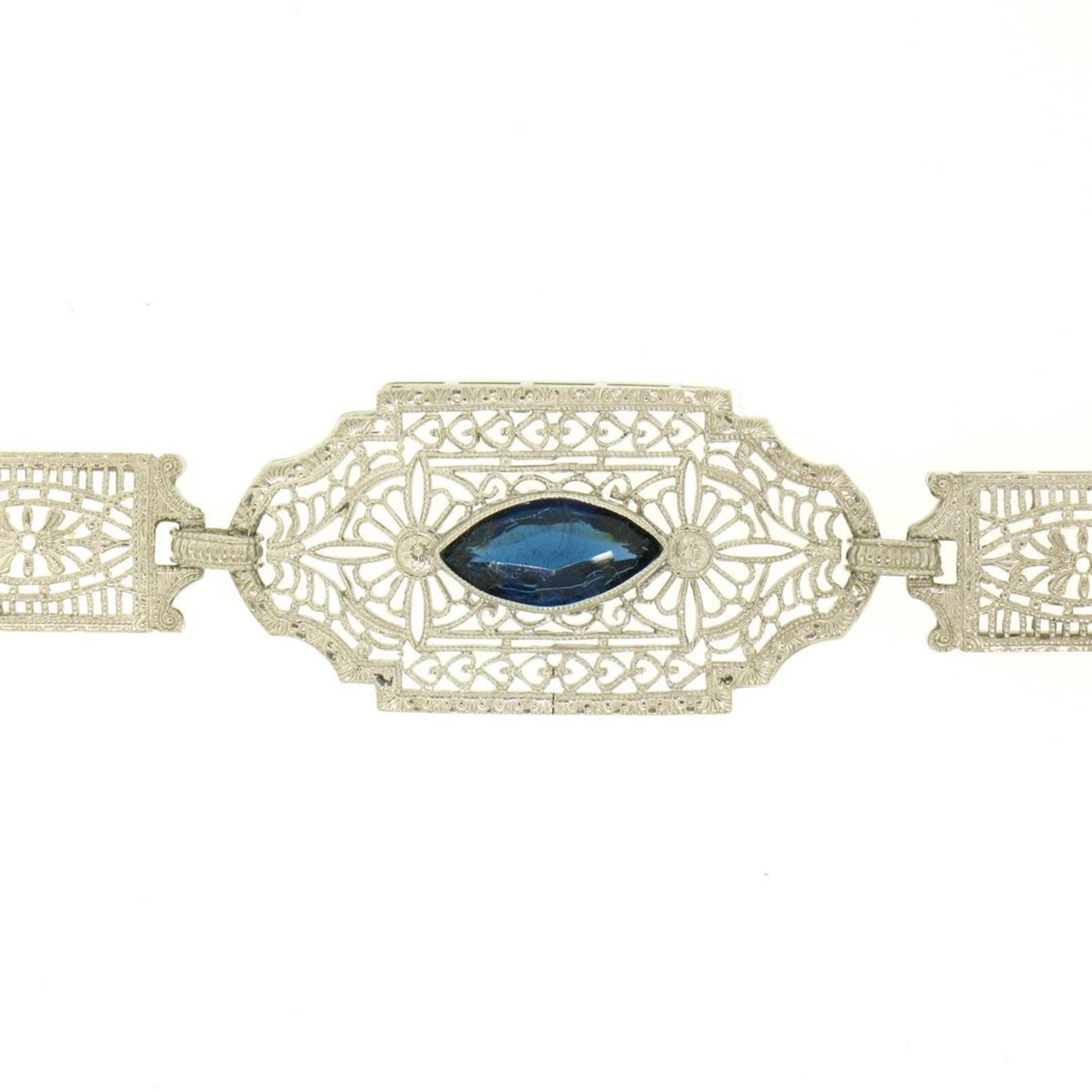 10k White Gold Filigree Link Bracelet w/ Marquise Sim Sapphire - Image 2 of 9
