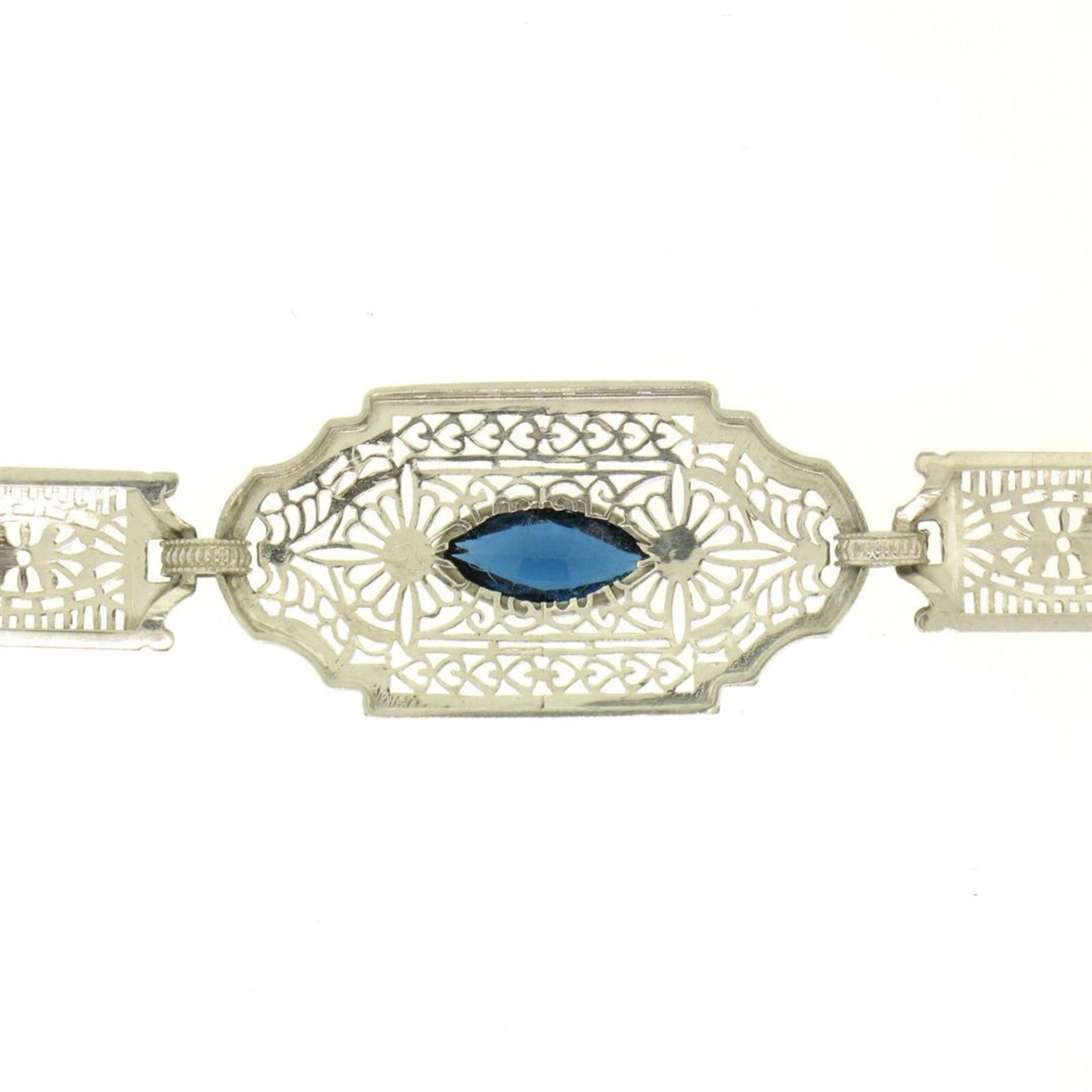 10k White Gold Filigree Link Bracelet w/ Marquise Sim Sapphire - Image 4 of 9