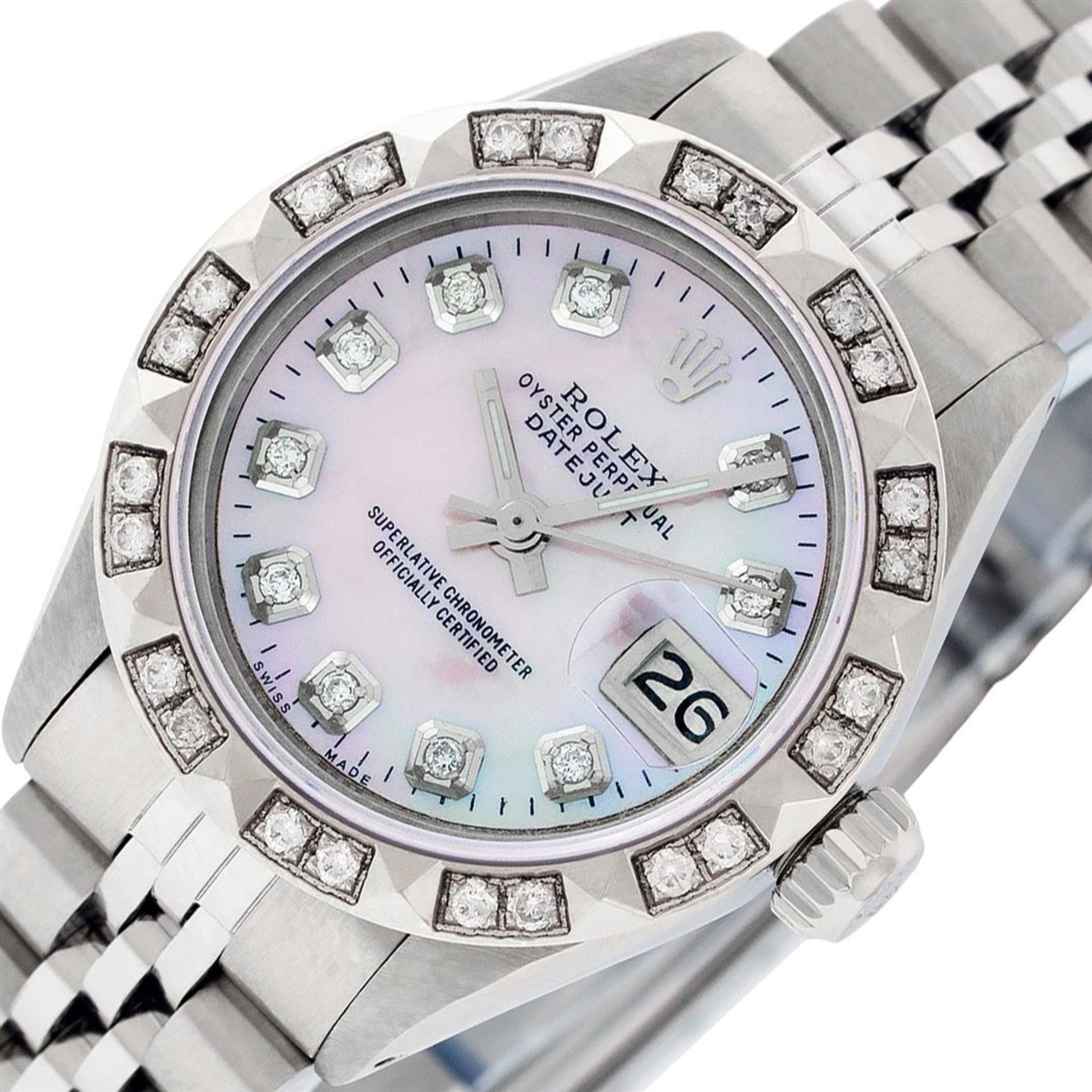 Rolex Ladies Stainless Steel Pink MOP Pyramid Diamond Datejust Wristwatch 26MM - Image 2 of 9