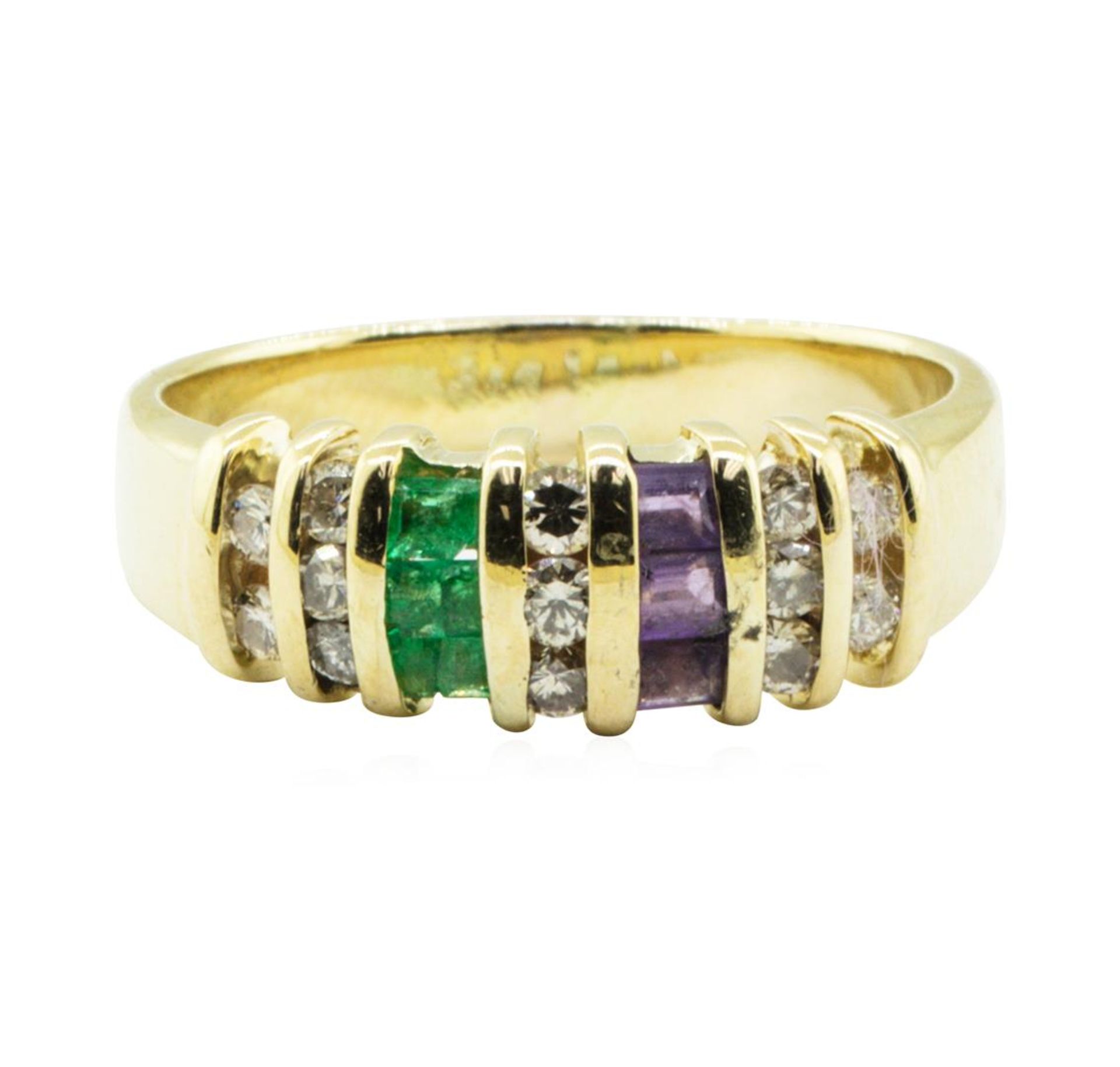 0.90 ctw Diamond, Amethyst, and Emerald Ring - 14KT Yellow Gold - Image 2 of 4