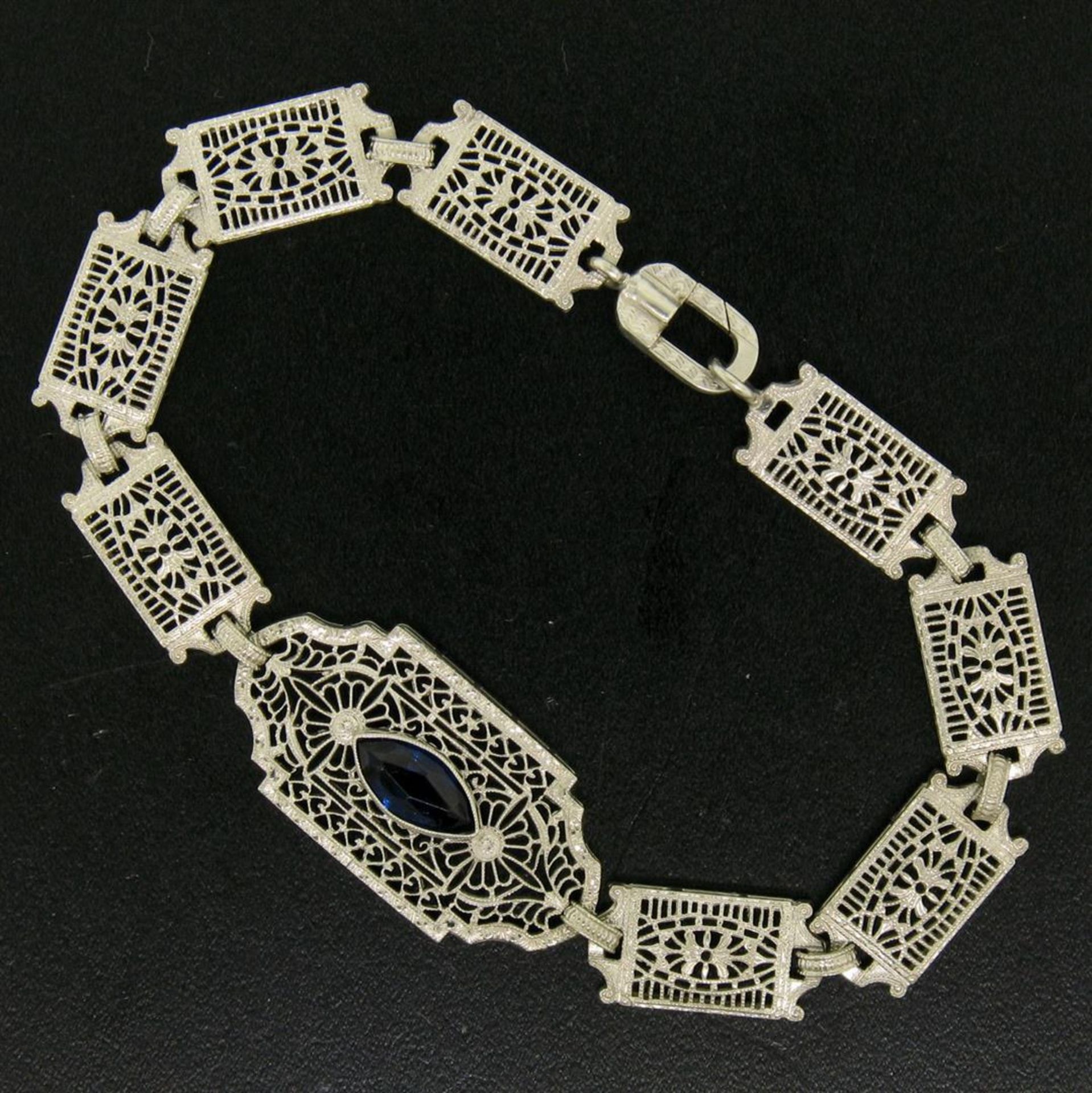 10k White Gold Filigree Link Bracelet w/ Marquise Sim Sapphire - Image 8 of 9