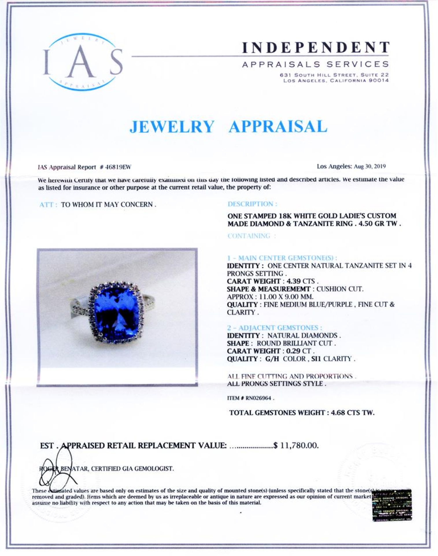 4.39 ctw Tanzanite and 0.29 ctw Diamond 18K White Gold Ring - Image 4 of 4