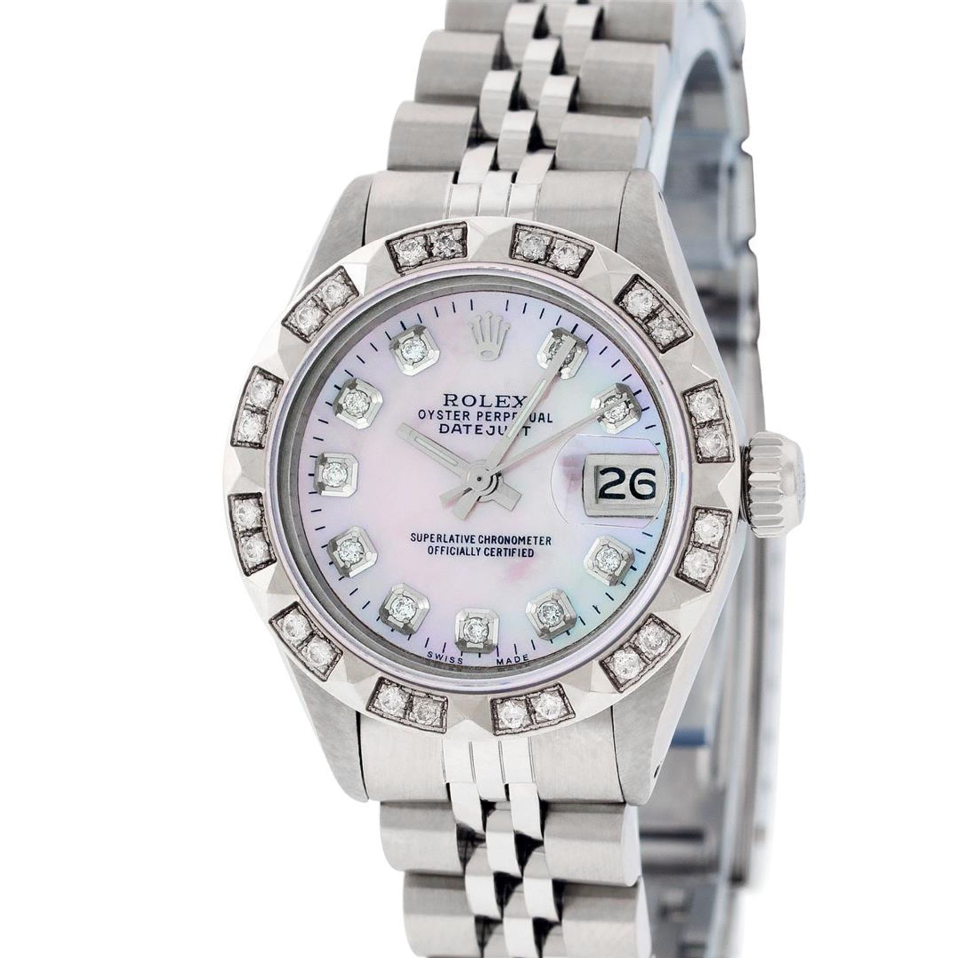 Rolex Ladies Stainless Steel Pink MOP Pyramid Diamond Datejust Wristwatch 26MM - Image 3 of 9